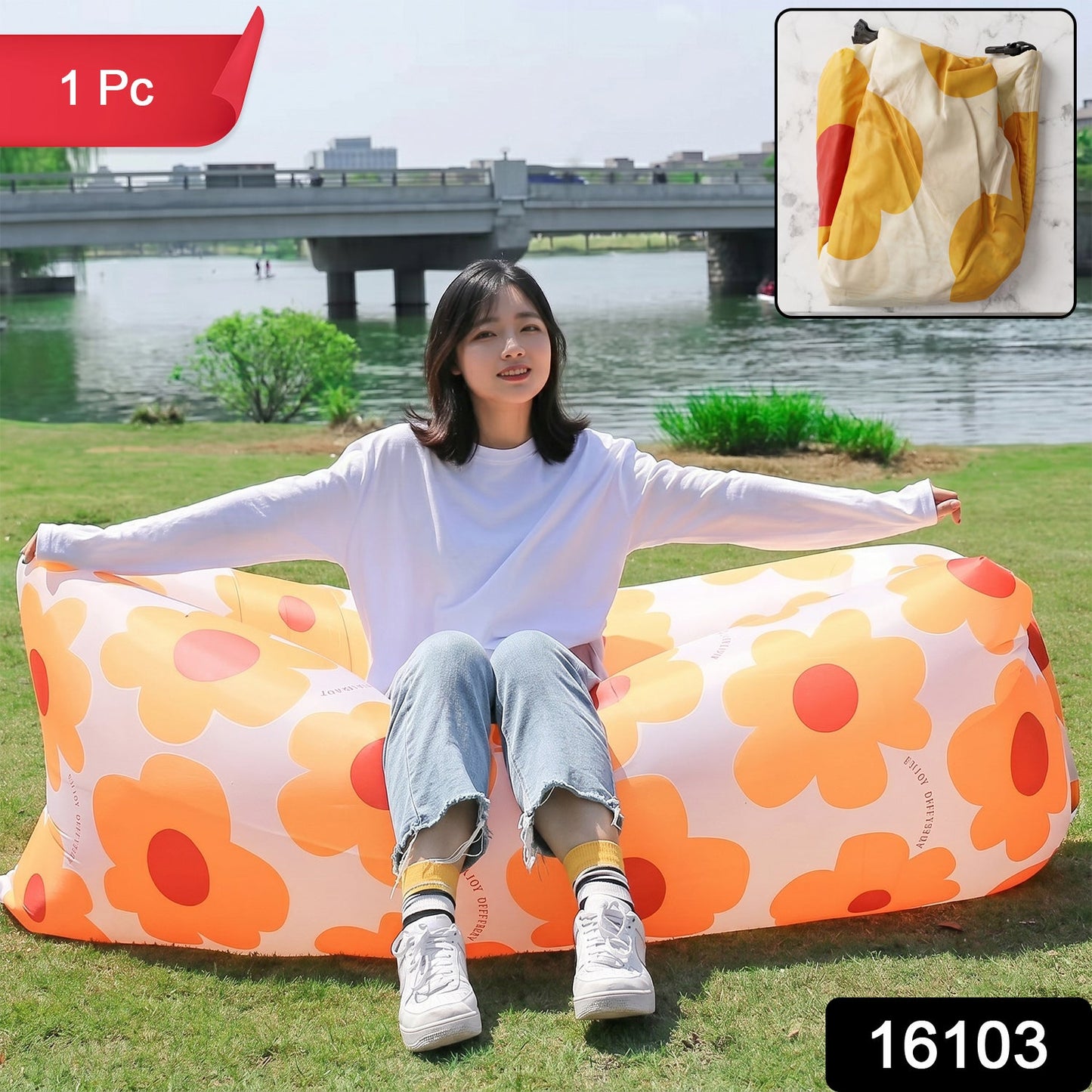 Portable inflatable lazy sofa with bright flower design for outdoor use