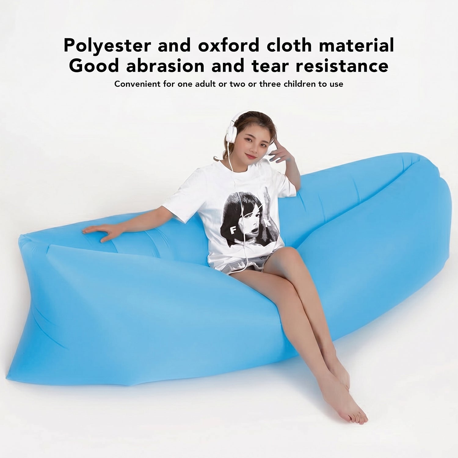 Empty blue inflatable air sofa ready for outdoor use