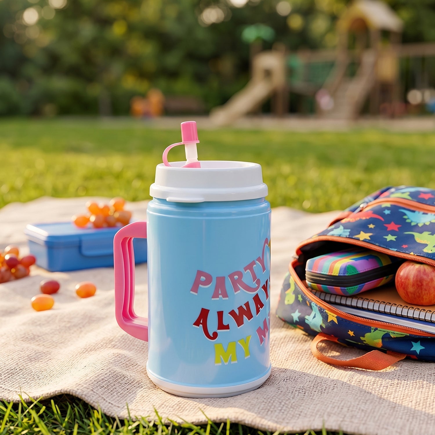 Detailed view of the leak-resistant lid for the insulated drinking mug.