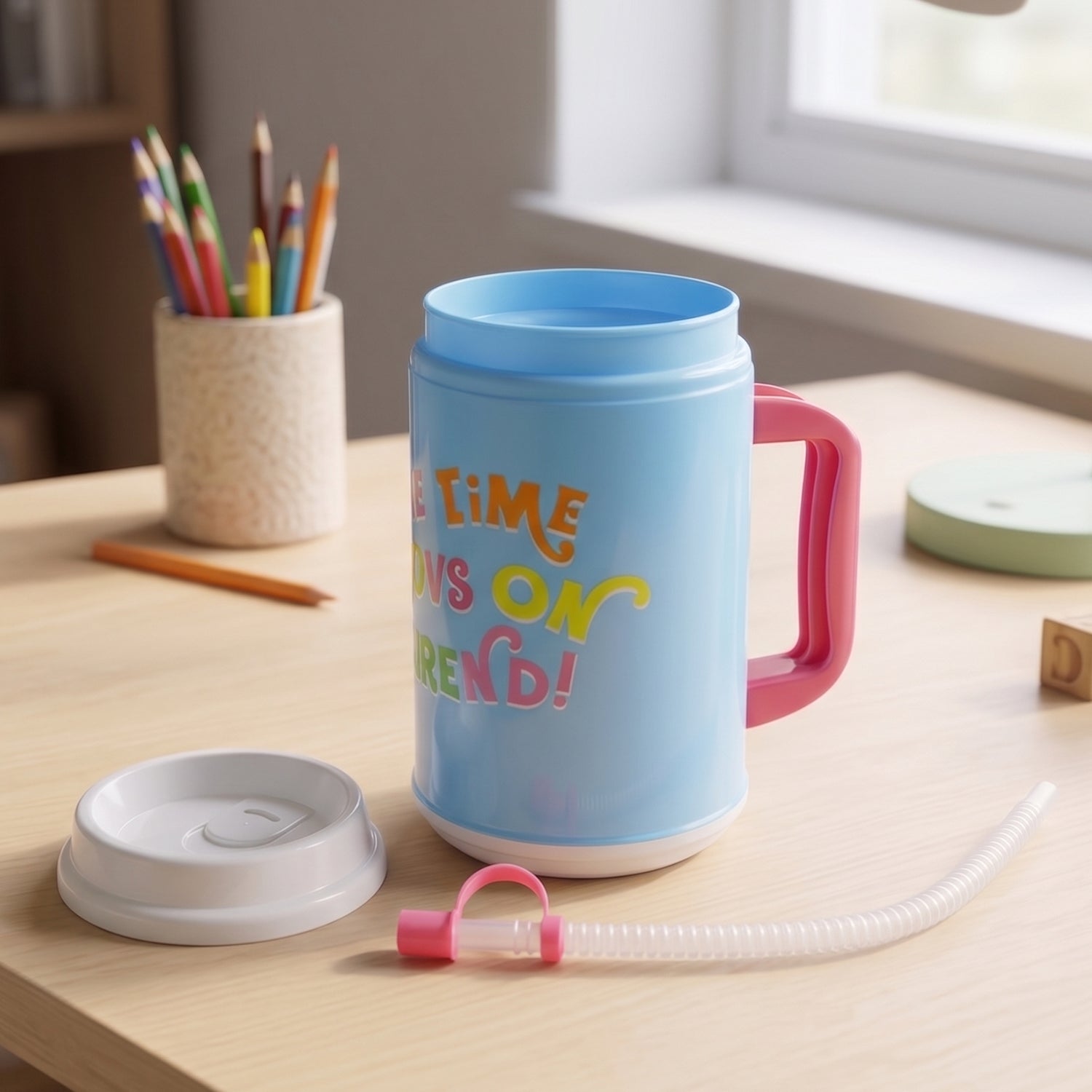 Insulated mug lid and handle close-up, emphasizing easy portability.