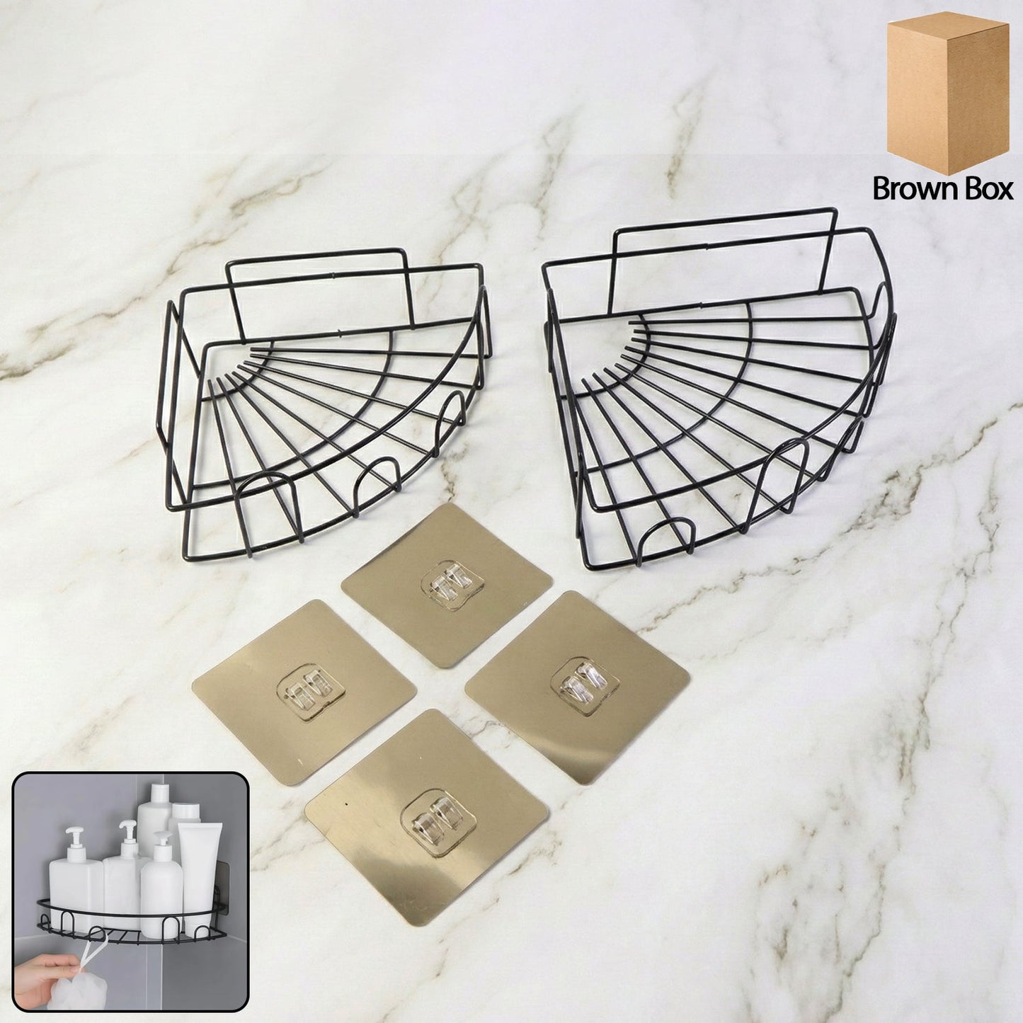 Two-piece iron shower caddy corner in a modern bathroom setting, showcasing ample storage.