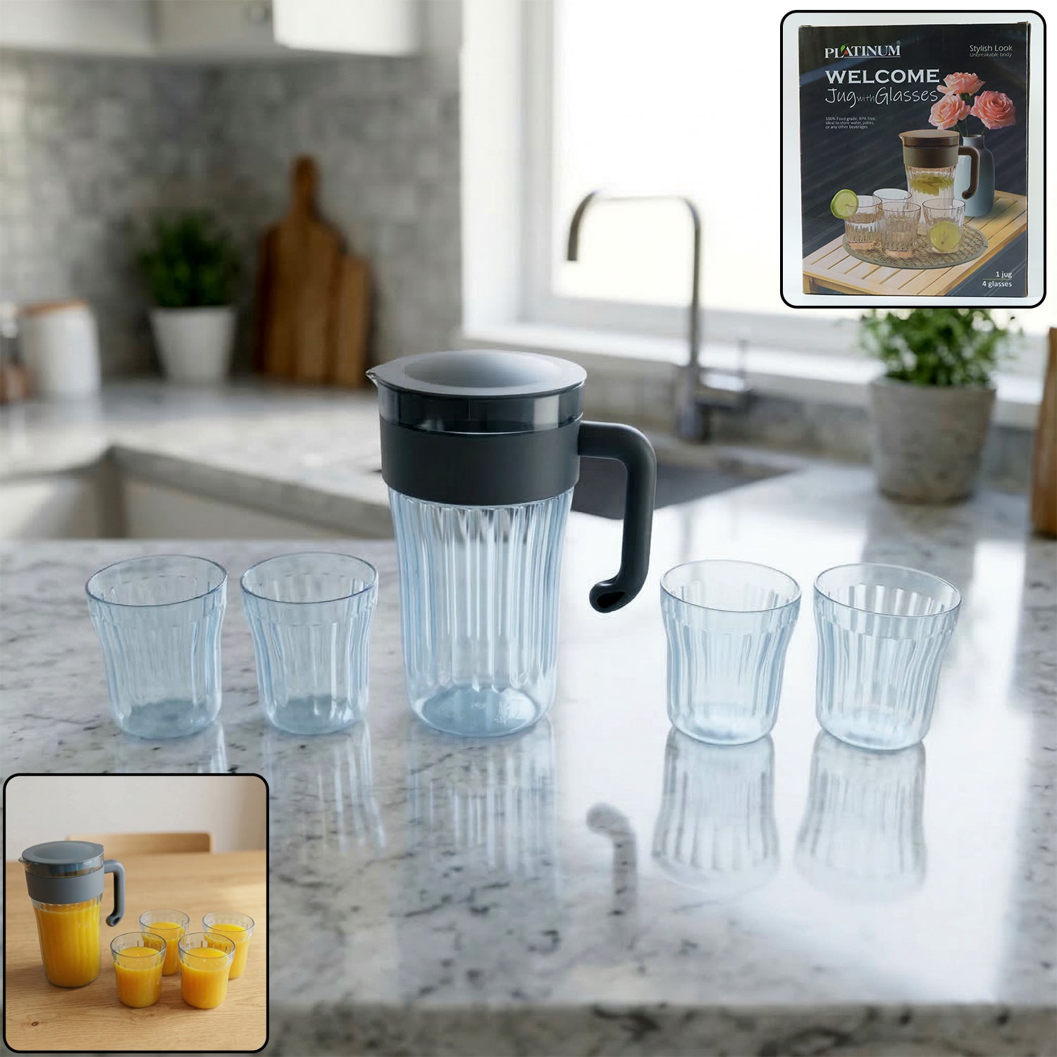 Plastic water jug with 4 glasses set for home use