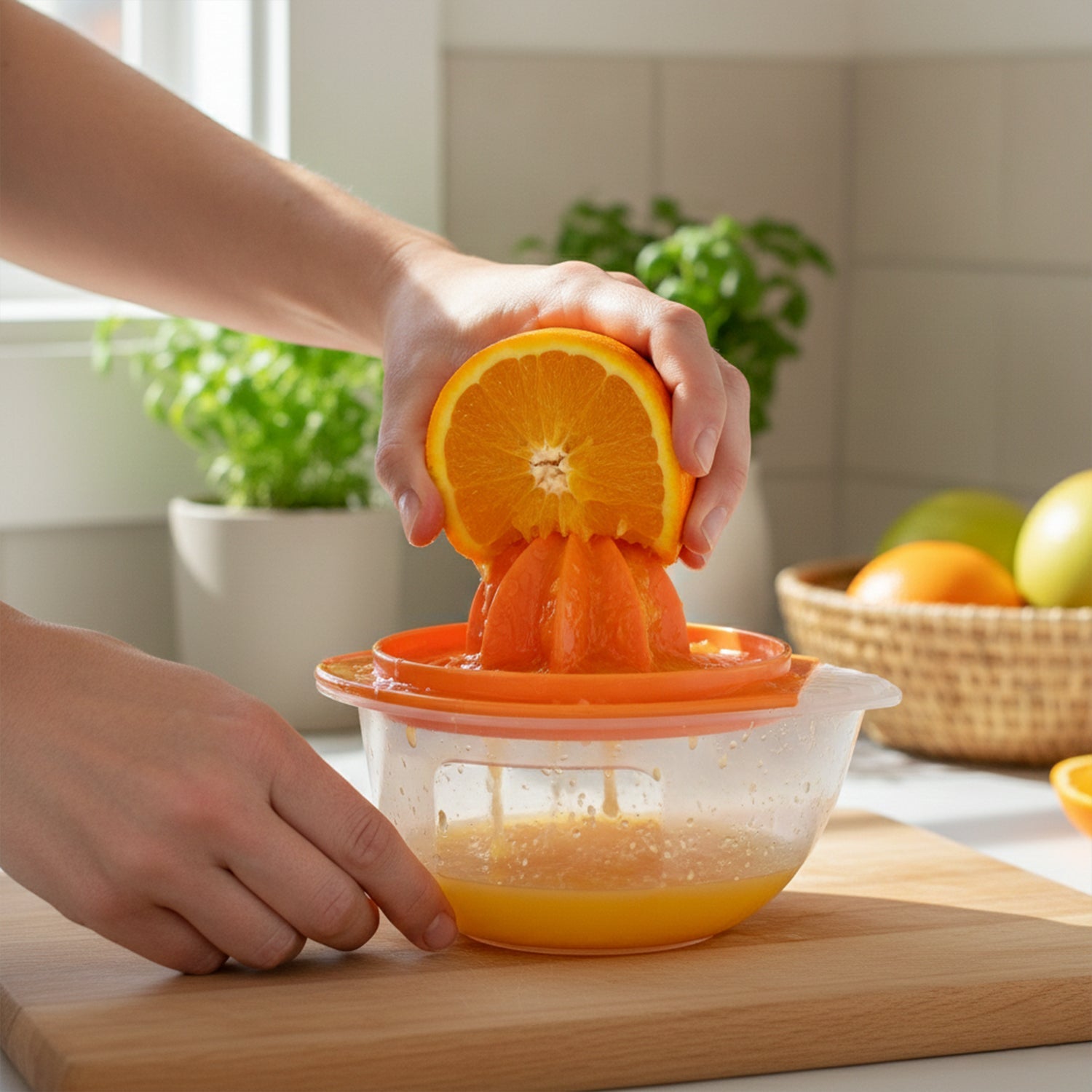 Close-up of removable strainer and pouring spout on pomegranate seed remover