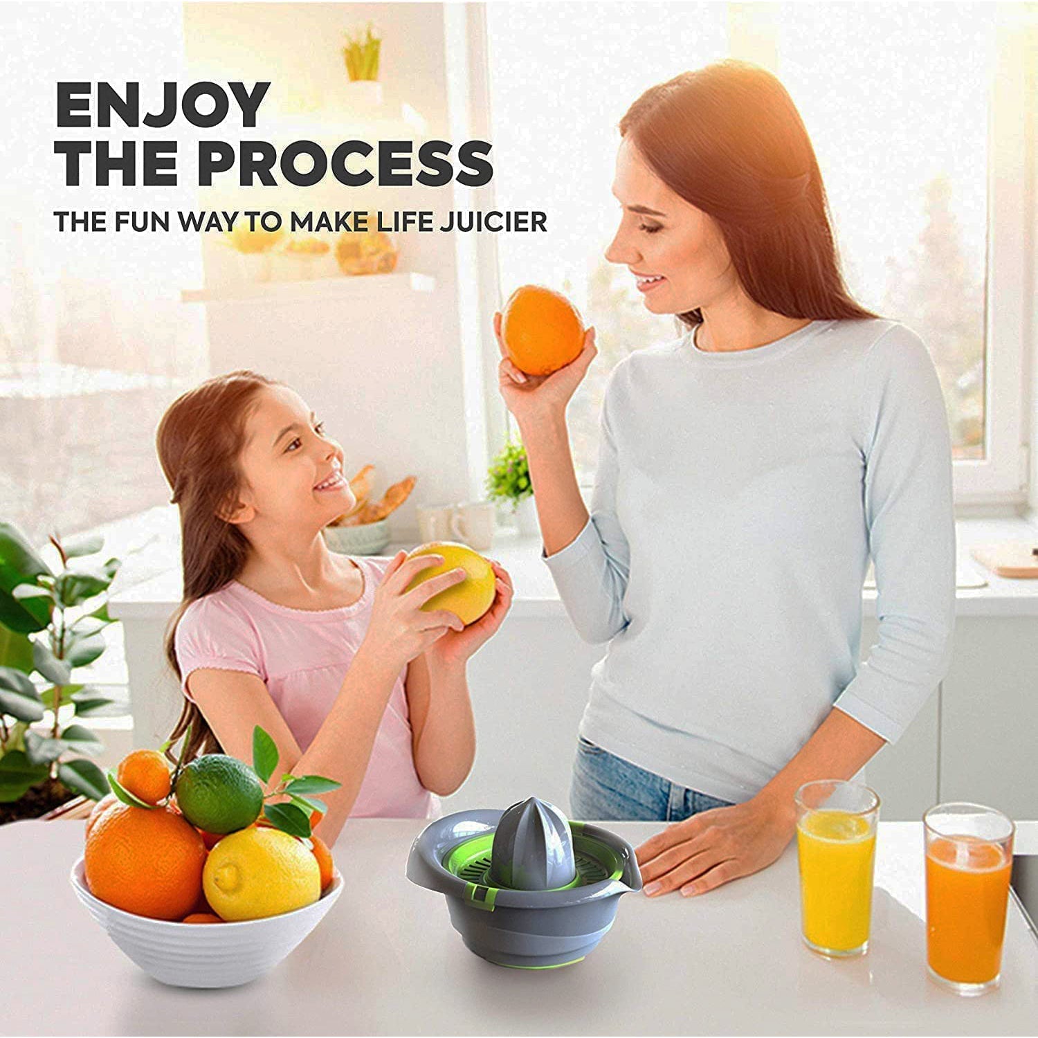 Top view of manual citrus juicer with ergonomic hand press design