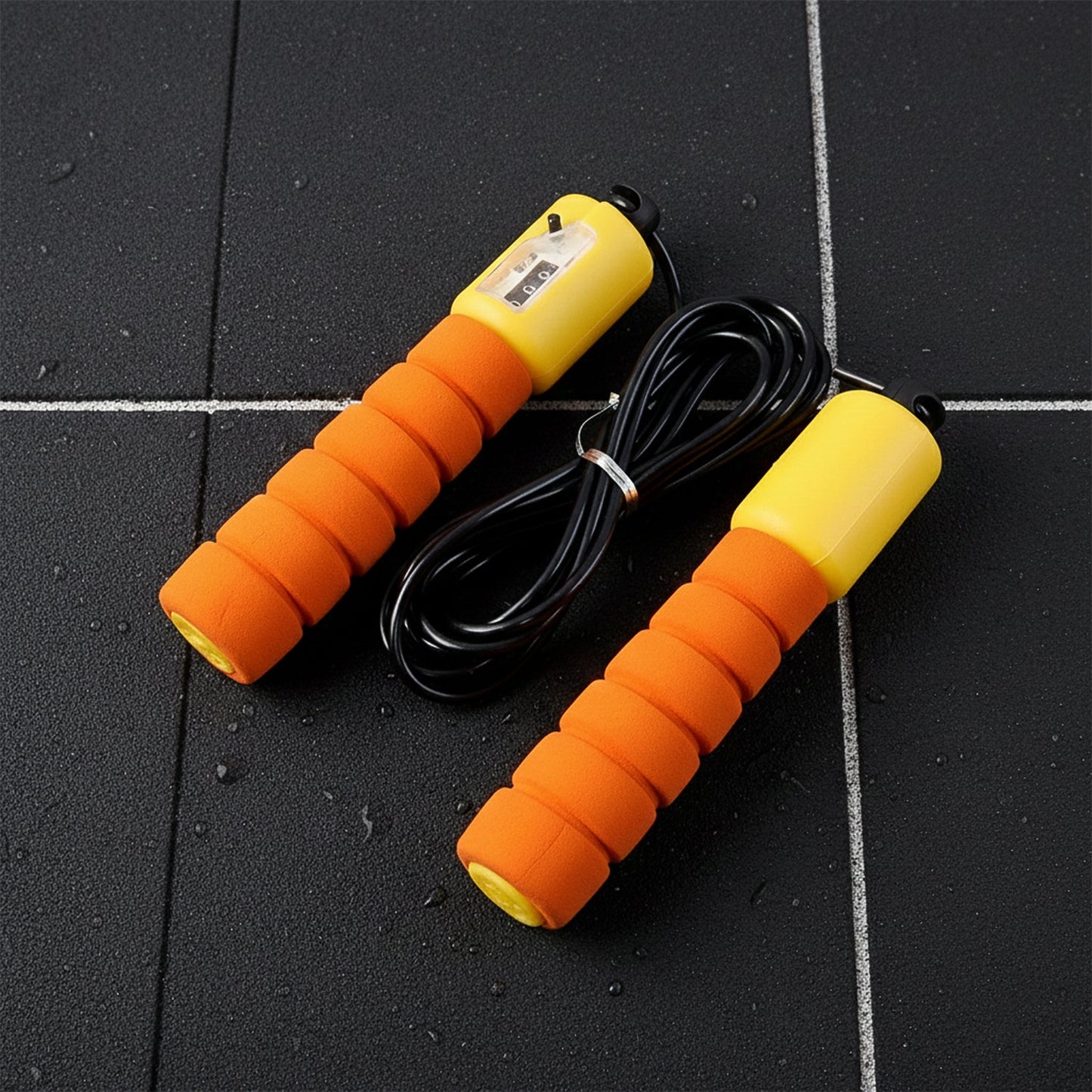 Adjustable fitness jump rope coiled for portability and easy storage