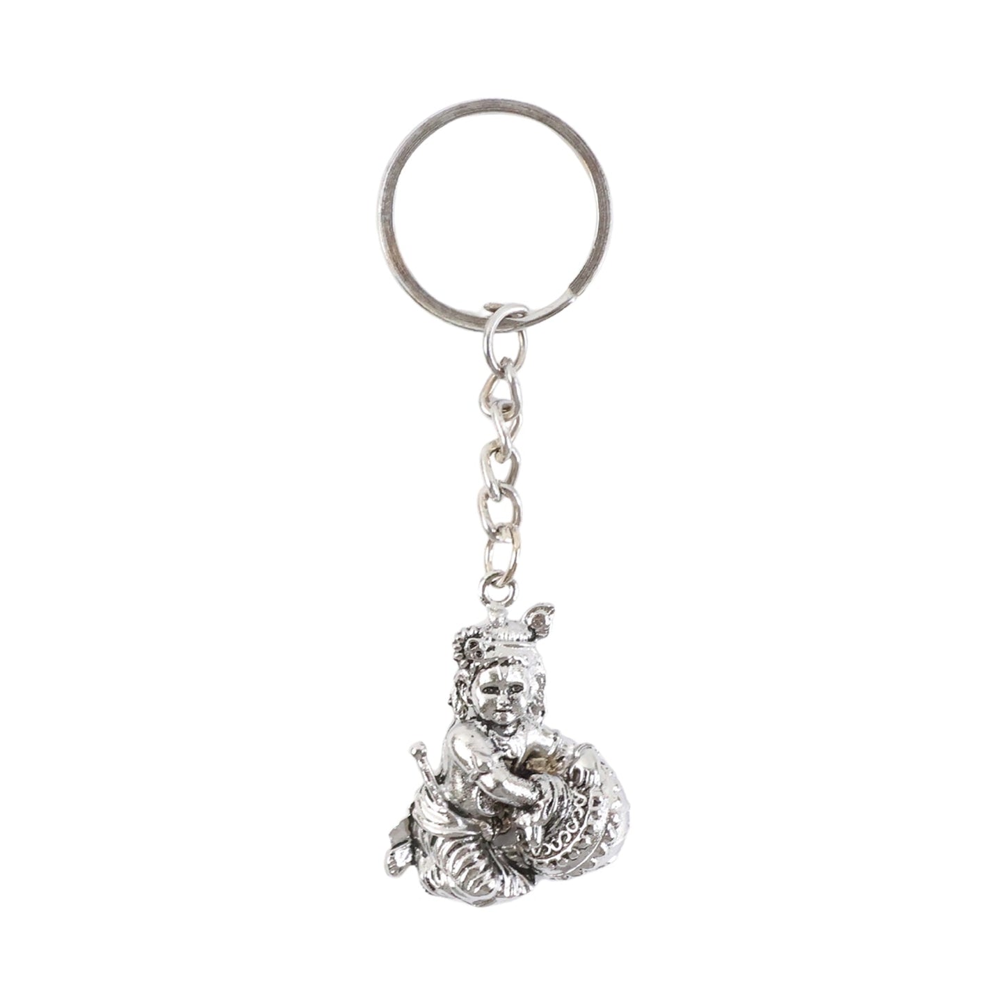 Bal Krishna Makhan Chor keychain displayed against a wooden backdrop