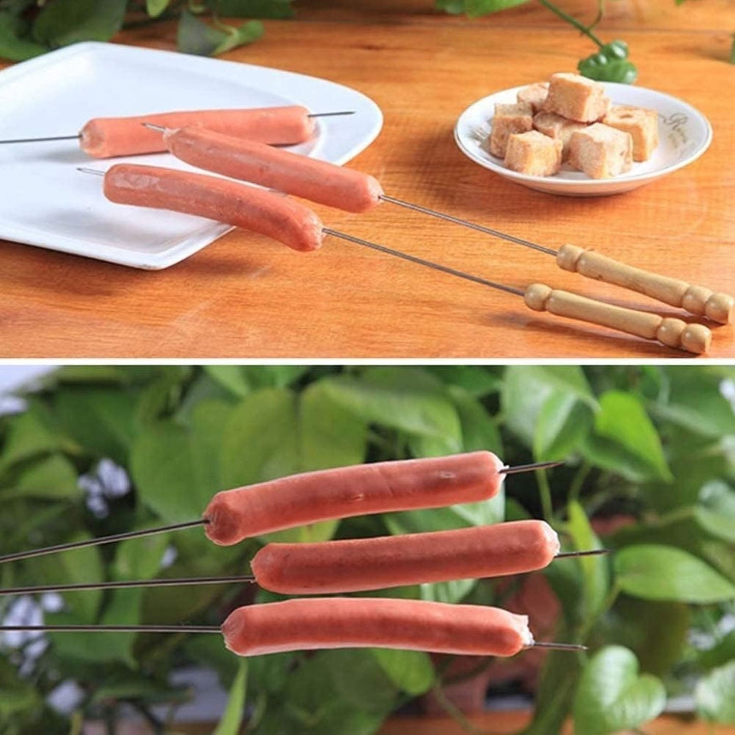 Barbecue skewers with wooden handles loaded with vegetables grilling on a hot barbecue.