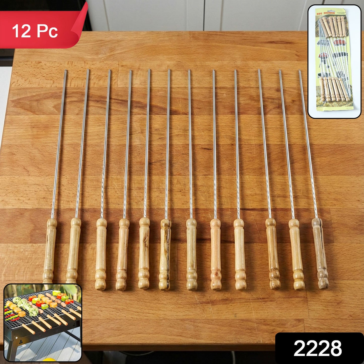 Detail view of Indo Glow's barbecue skewers showcasing quality stainless steel and wooden handles.