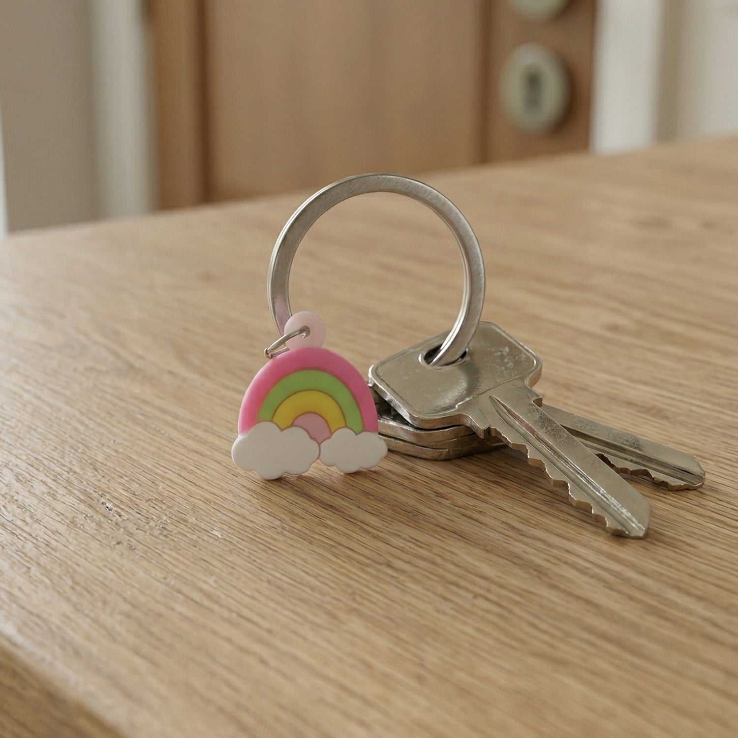 Close-up of colorful rainbow keychains showcasing bright and playful design