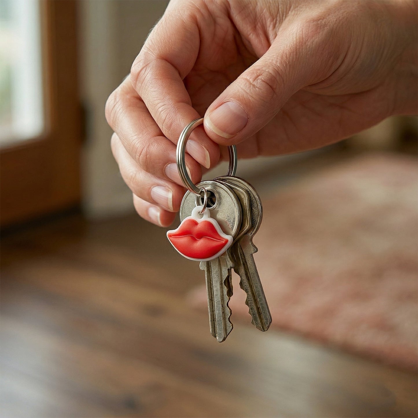 Close-up of lips-shaped keychain in vibrant red color