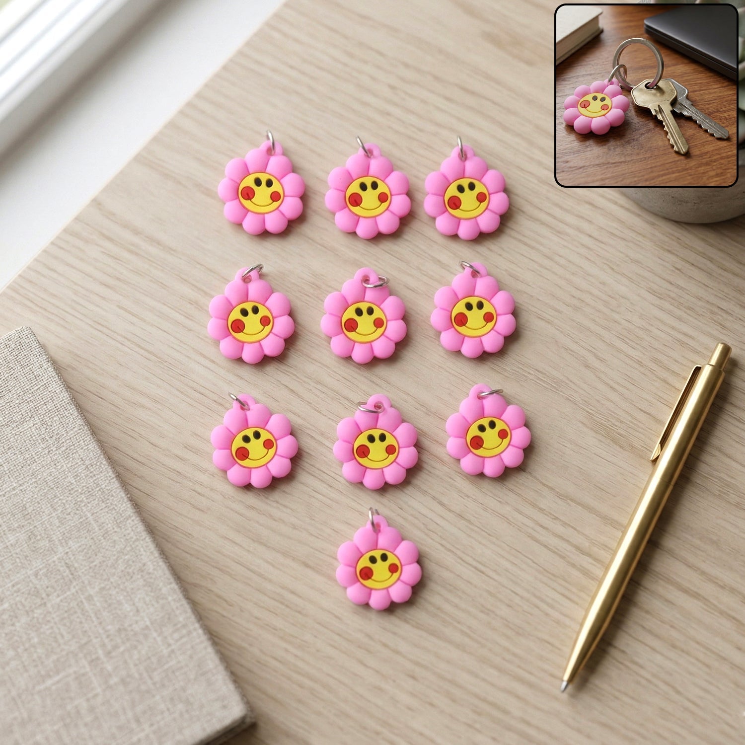 Colorful smiley flower bag charm keychain