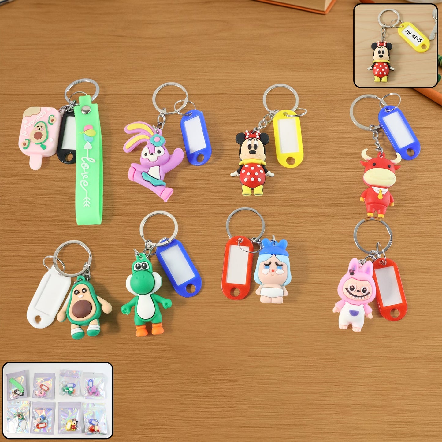 Kids cartoon keychain tag with writable name area