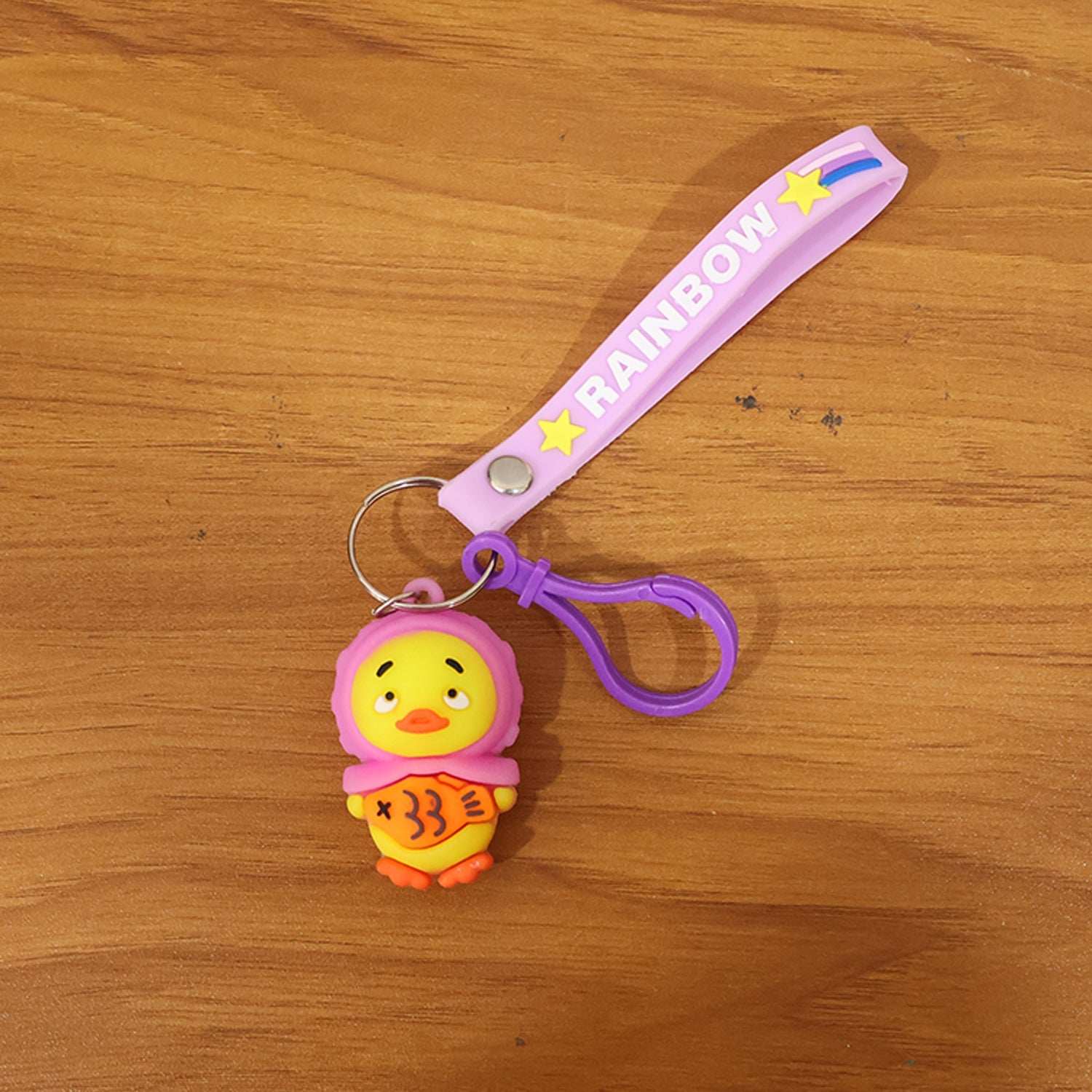 Cute novelty cartoon duck keychain with secure metal ring and strap