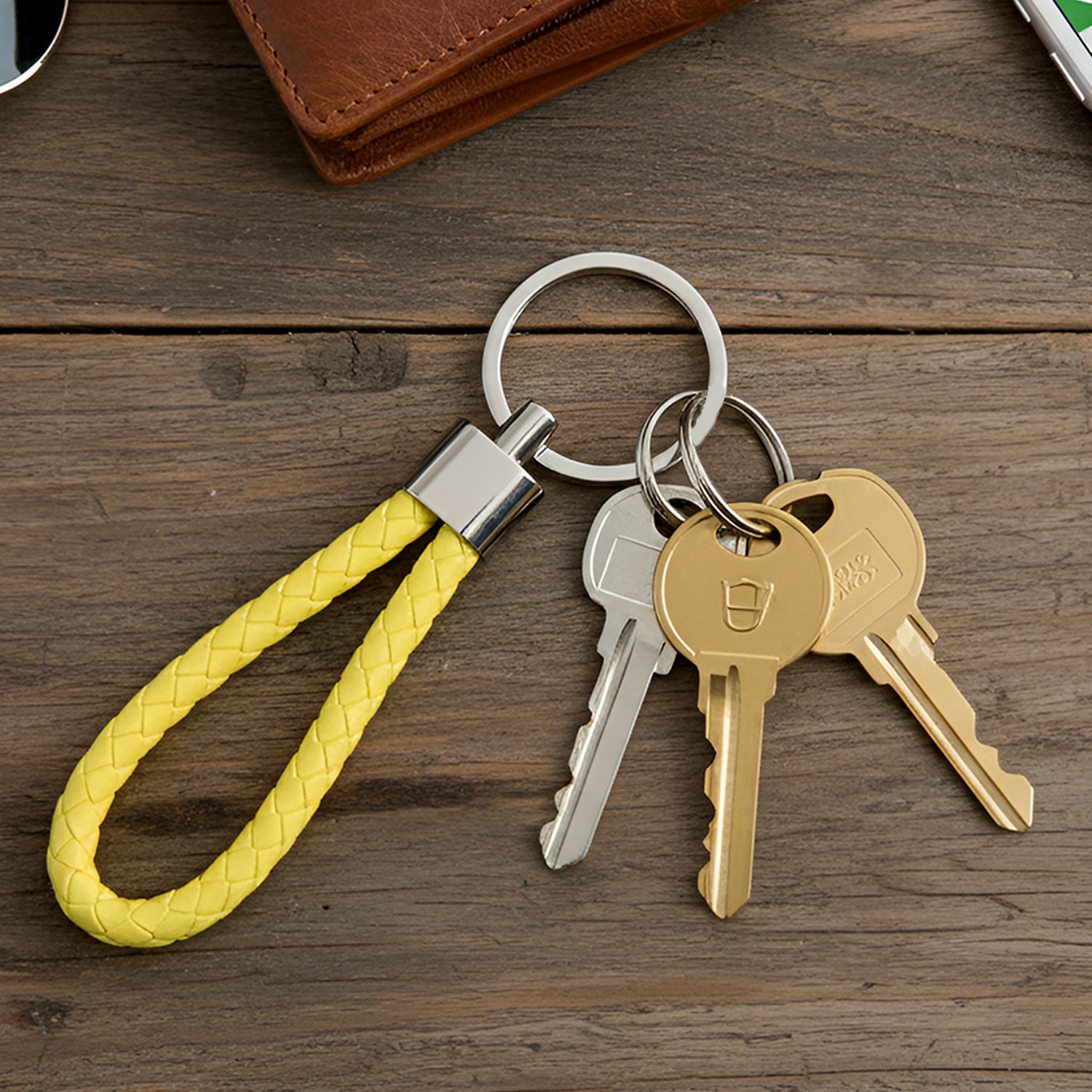 Close-up of a braided loop keychain with sturdy metal ring