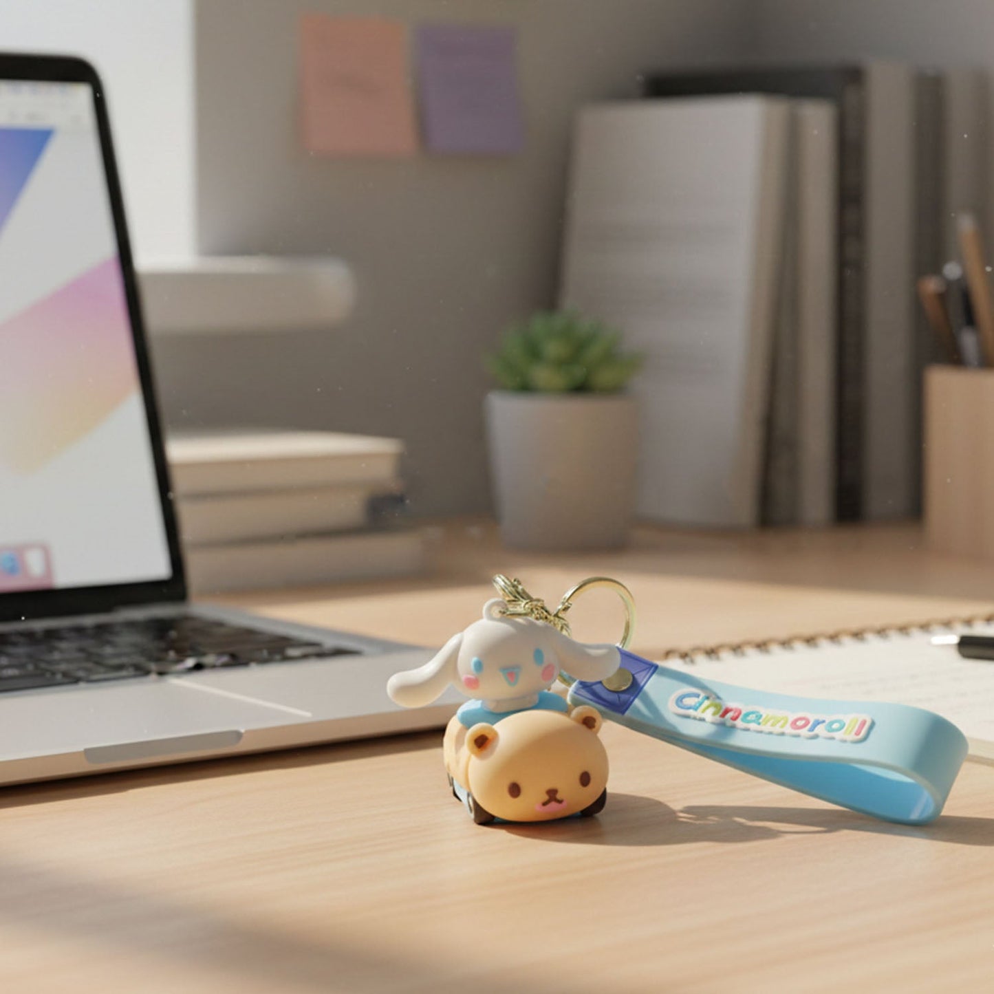 Cute cartoon dog character silicone keychain hanging on a pencil case zipper