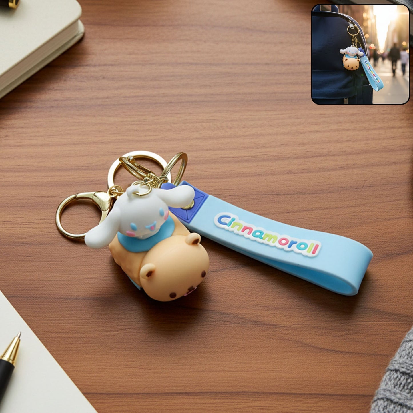 Cartoon dog silicone keychain with soft strap and metal ring attached to backpack