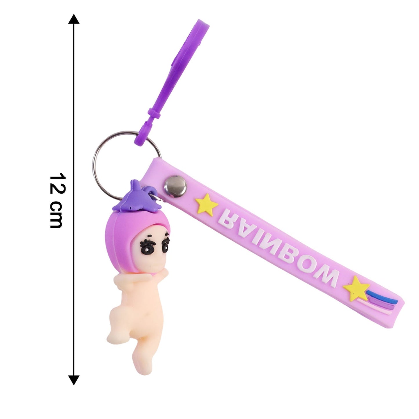 Size comparison showing compact baby doll silicone keychain