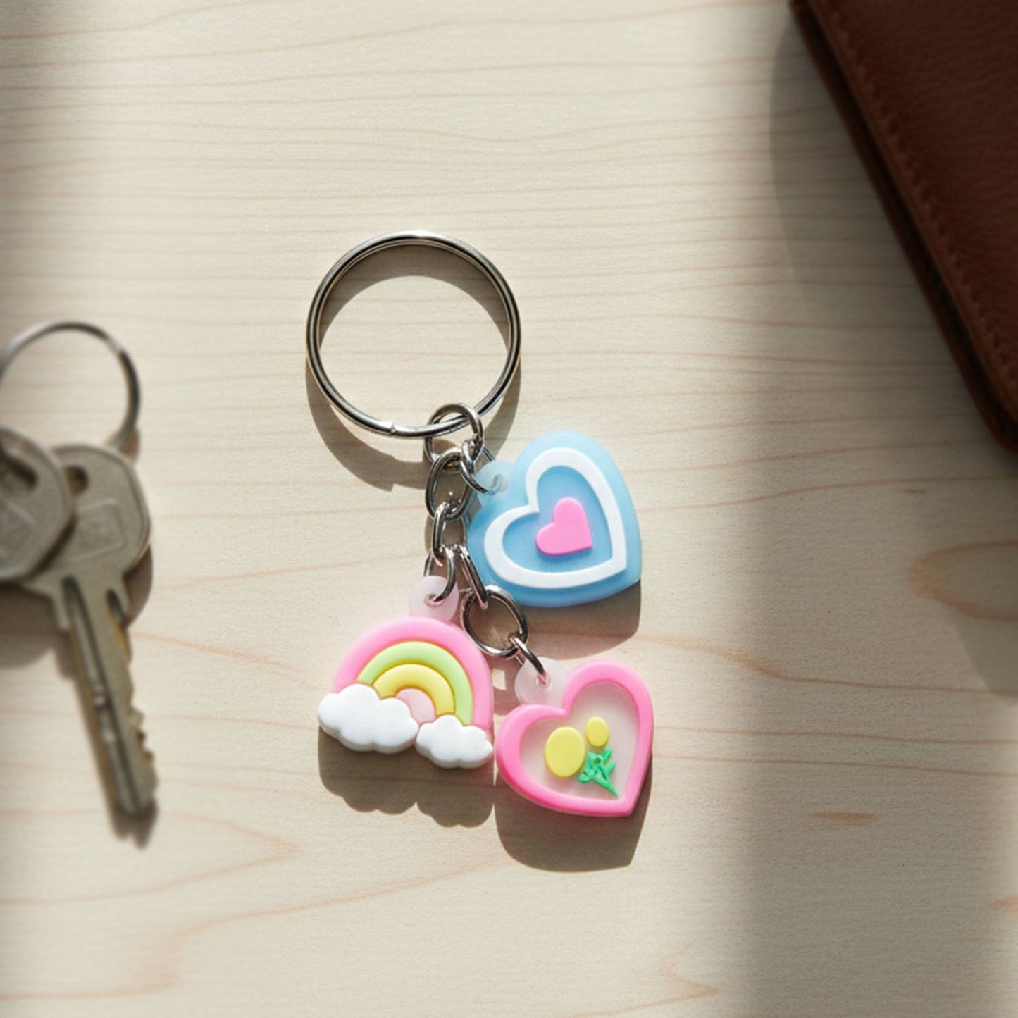 Heart and rainbow charm keychain with multiple colorful hanging charms