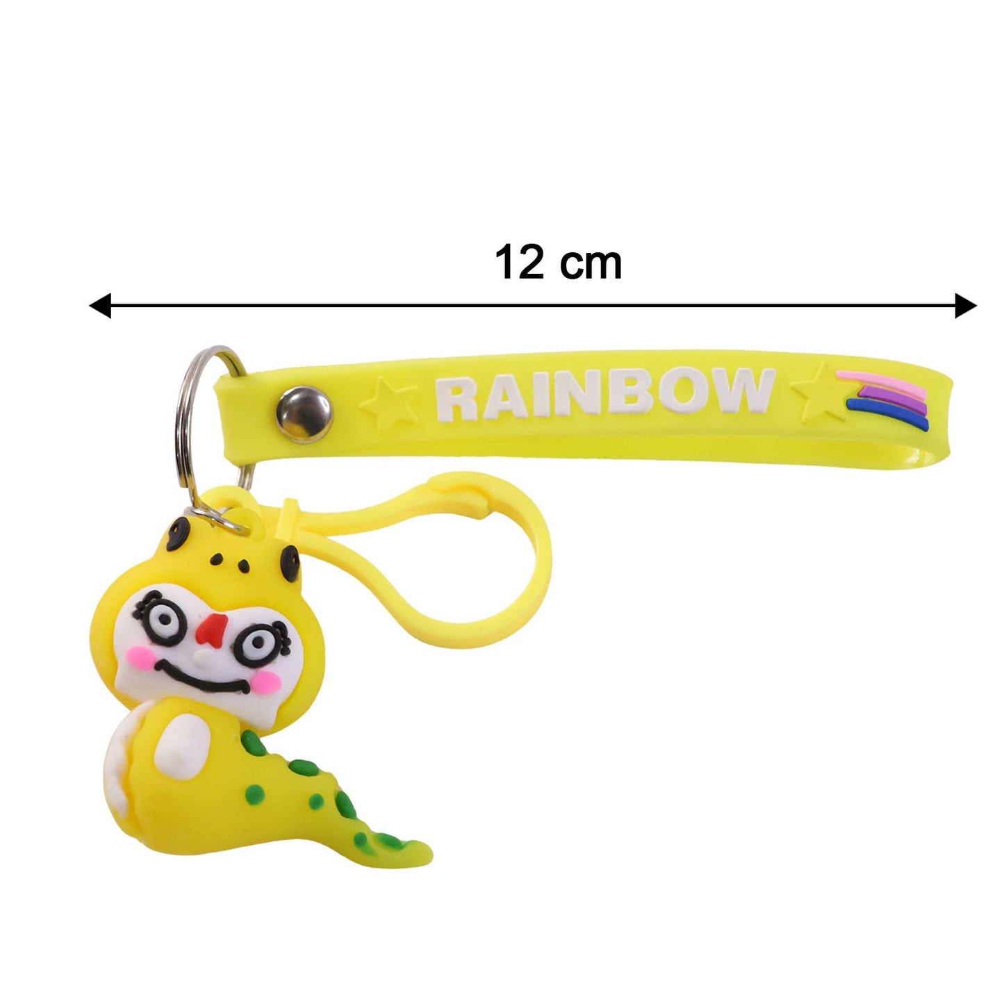 Size reference image showing dinosaur cartoon keychain with clip and rainbow strap