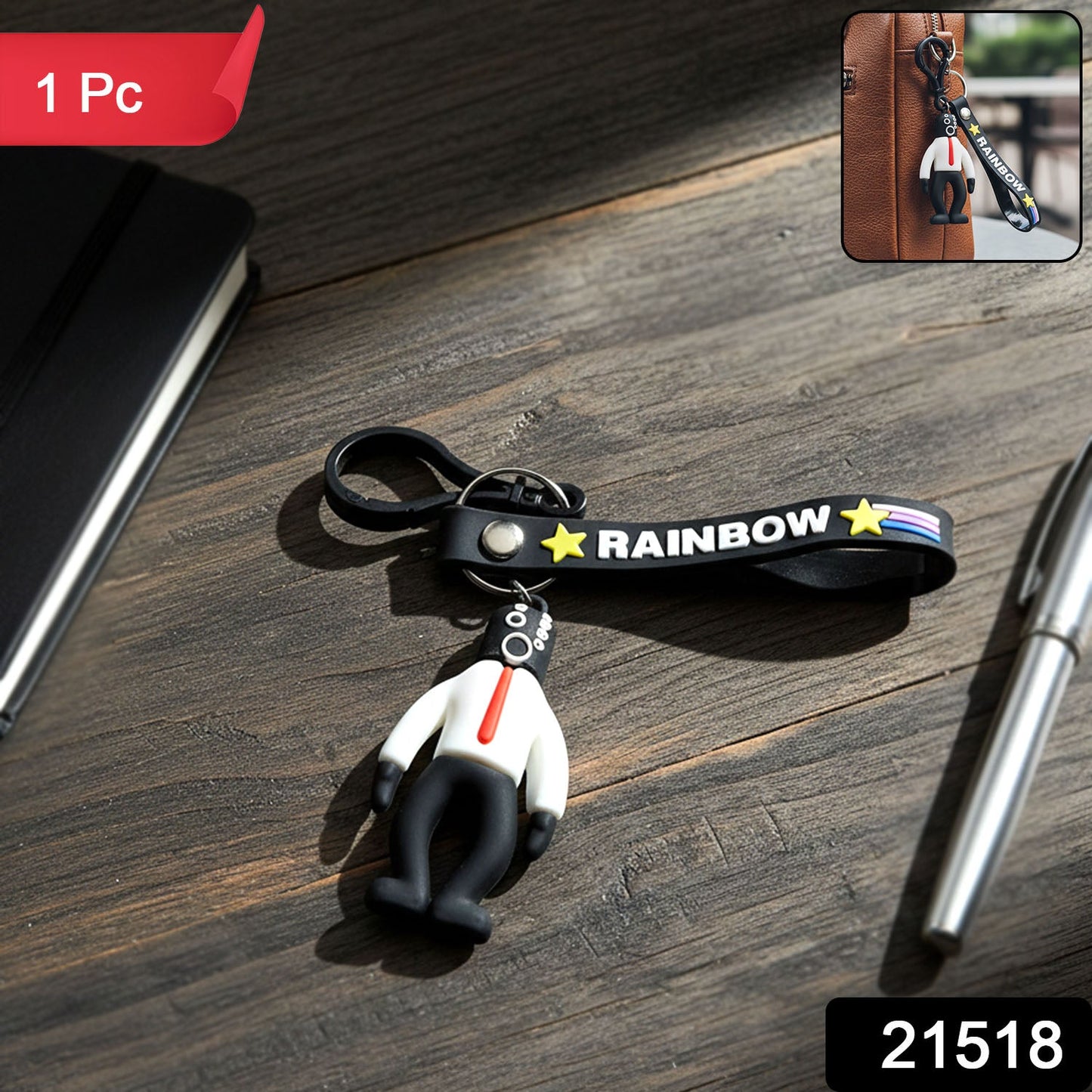 Close-up of cartoon man figure keychain charm with colorful details