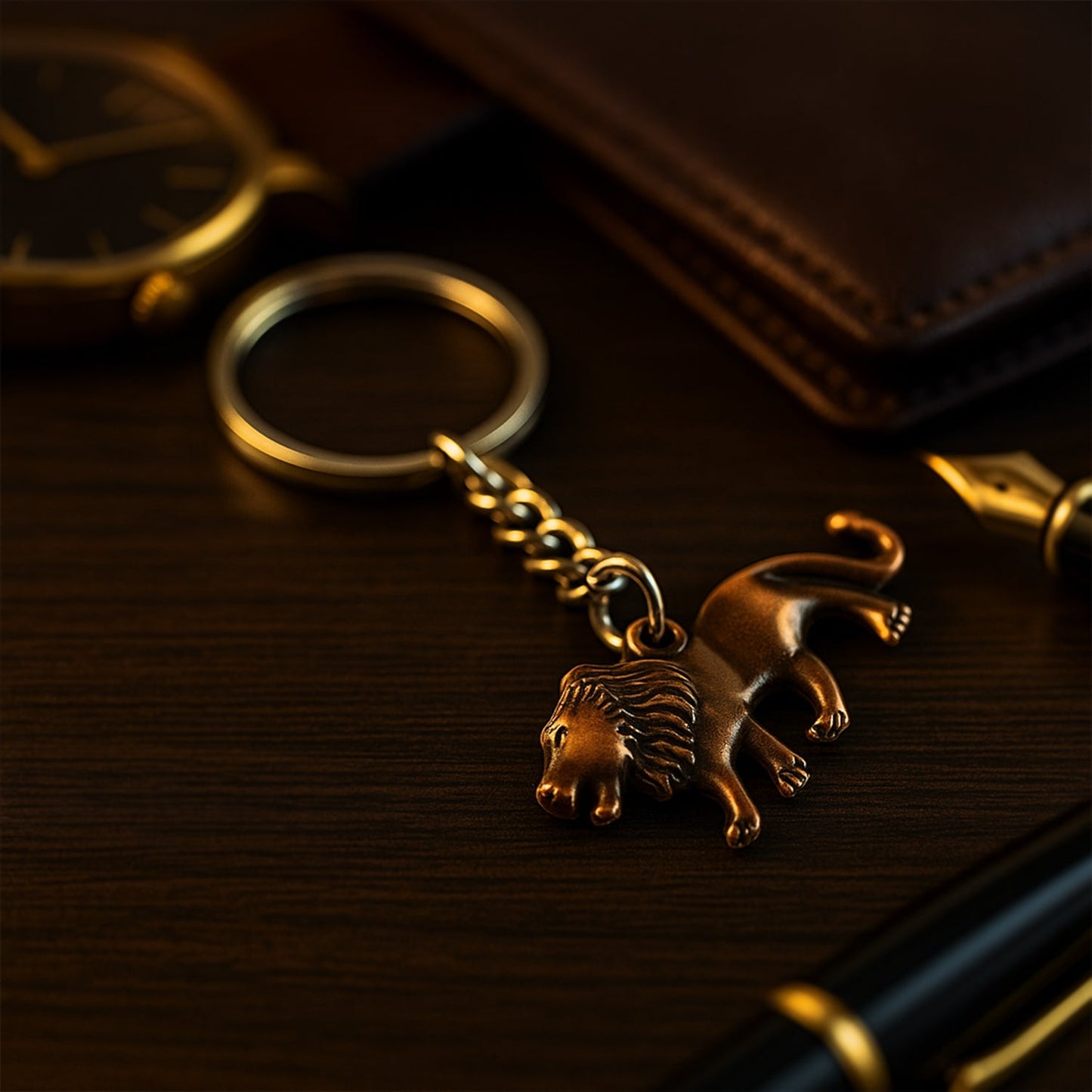 Walking lion metal keychain in blister pack packaging