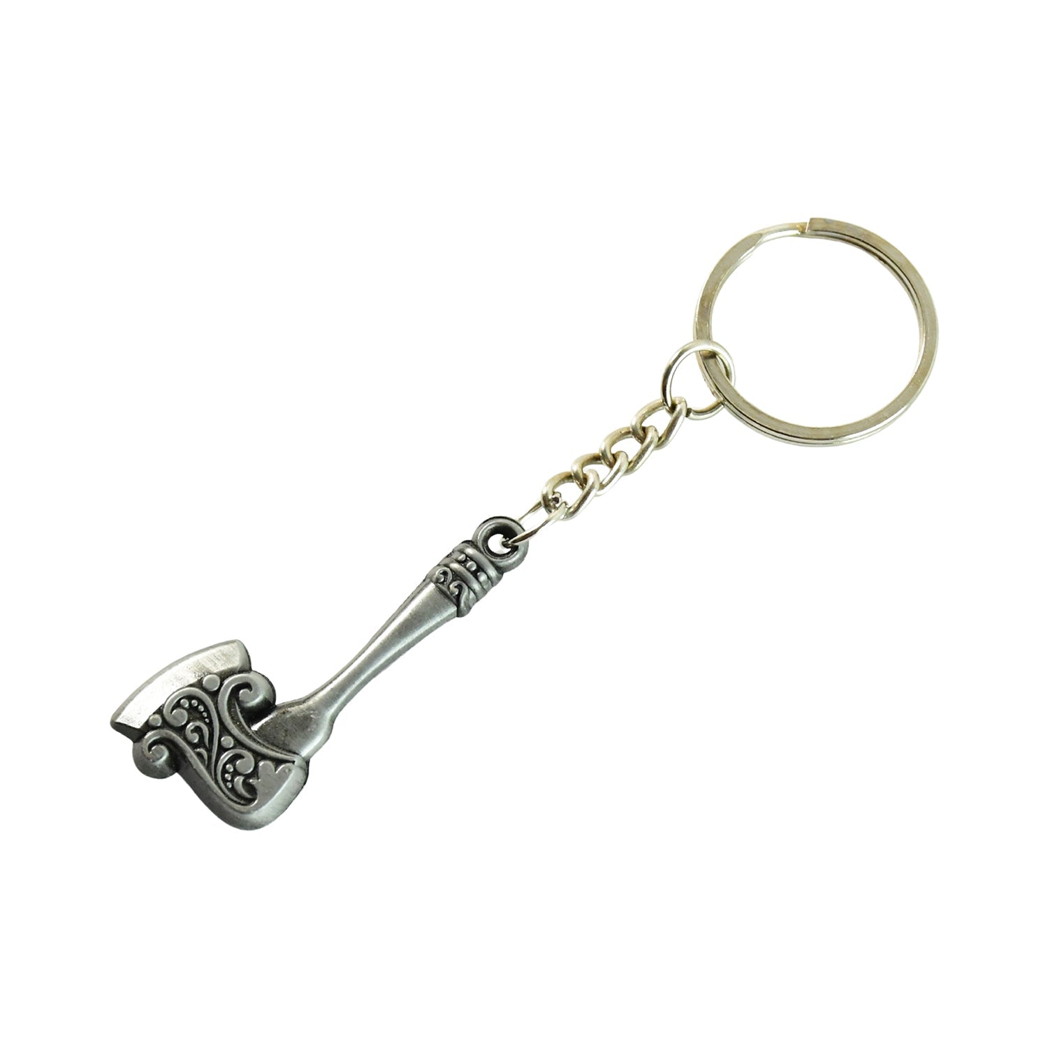 Vintage-style metal axe keychain attached to a set of keys