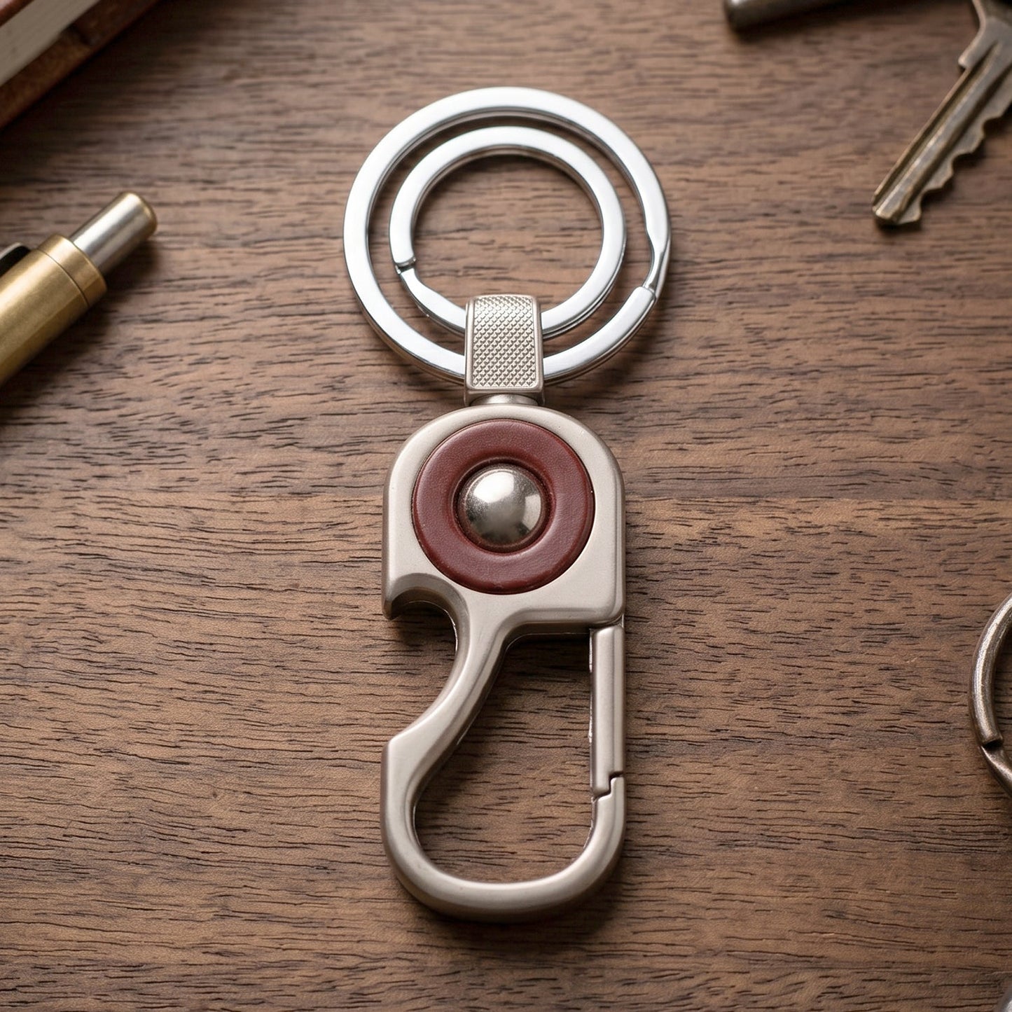 Heavy-duty metal keychain with secure lock feature for outdoor & travel use.