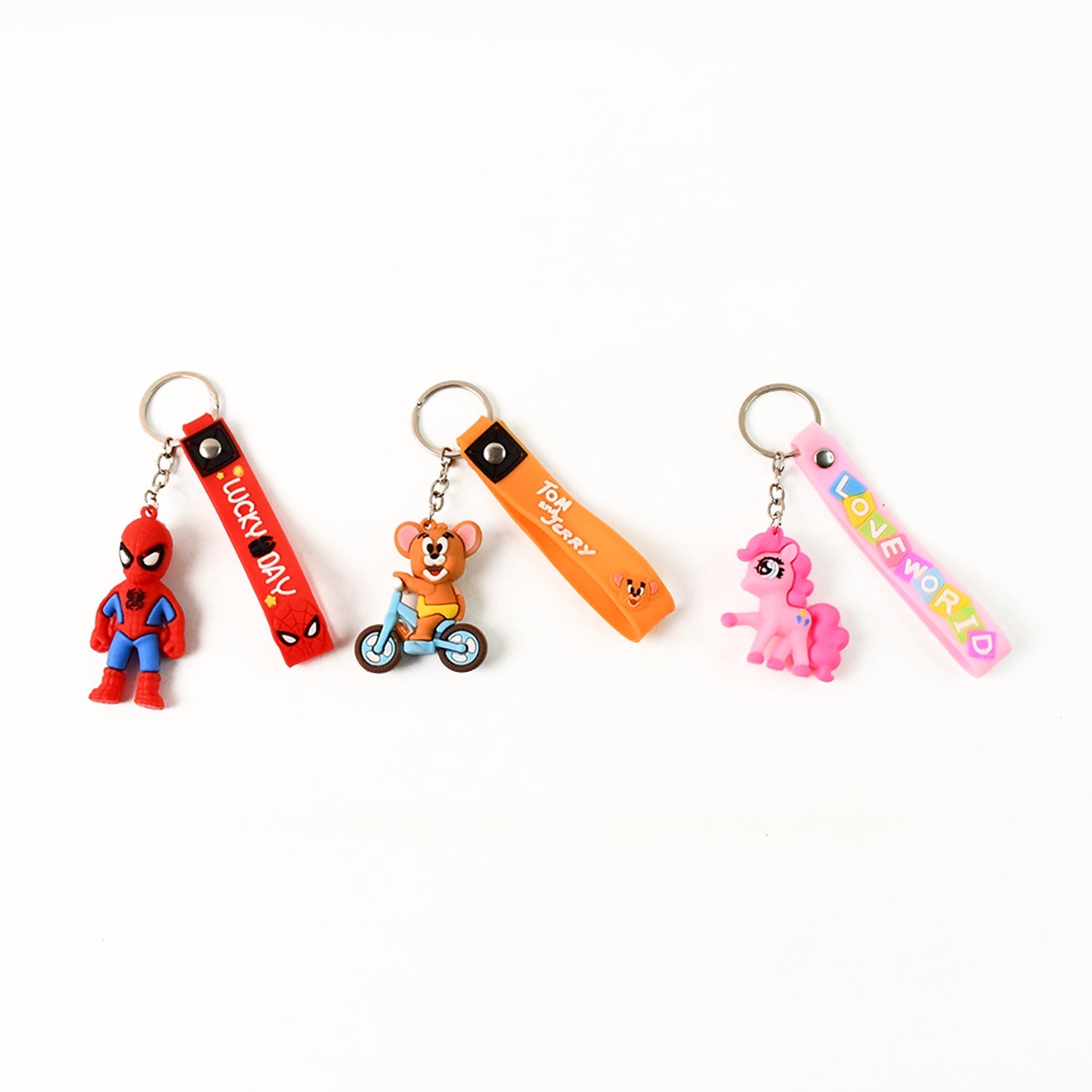 Detailed view of the metal hook and silicone strap on a cartoon silicone keychain.