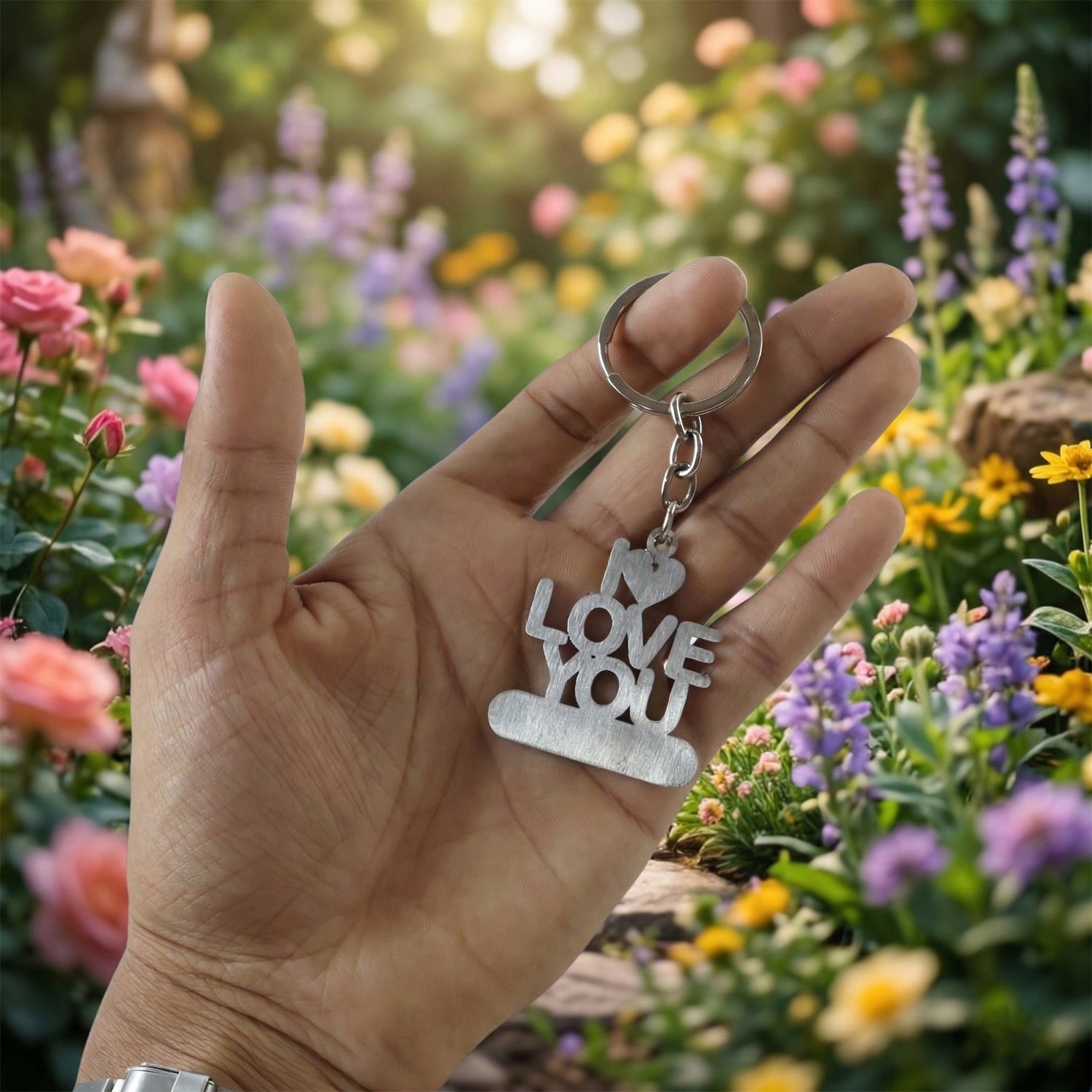 Close-up of romantic keychain with heart detail