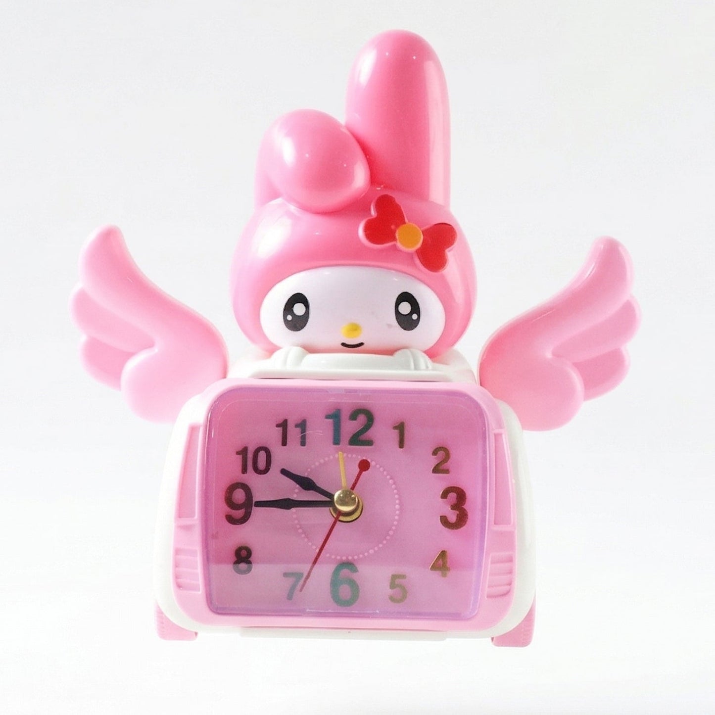 Pink kids alarm clock with bunny theme and colorful dial