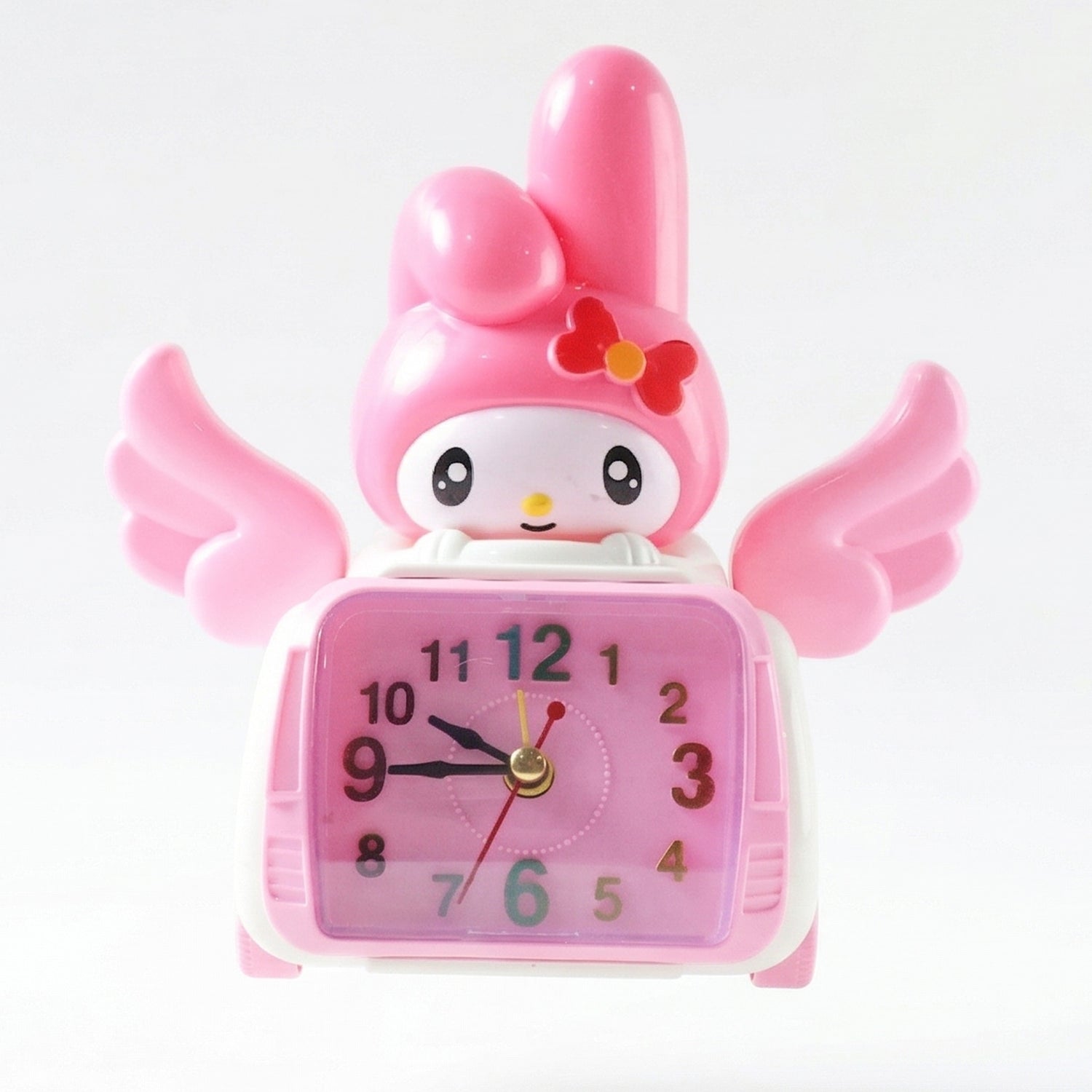 Pink kids alarm clock with bunny theme and colorful dial