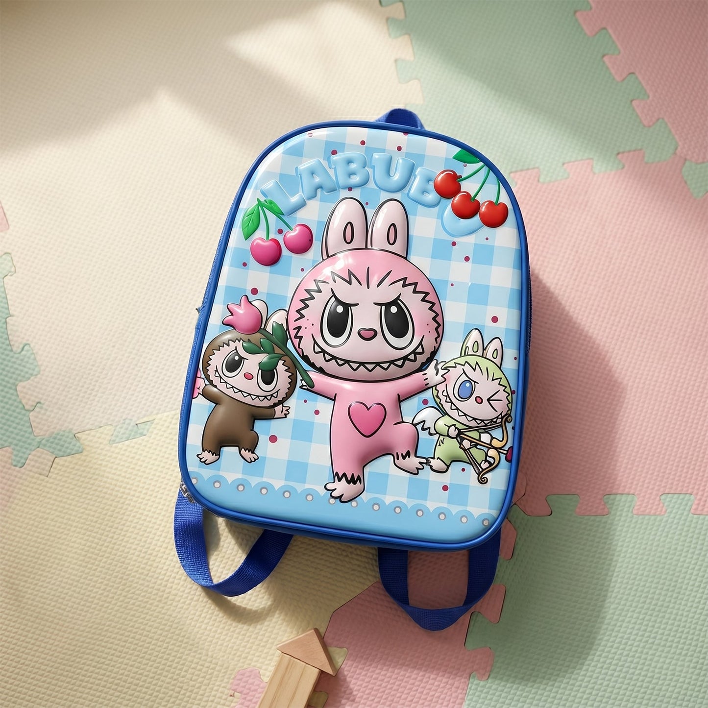 Back view of small kids school backpack with cartoon design