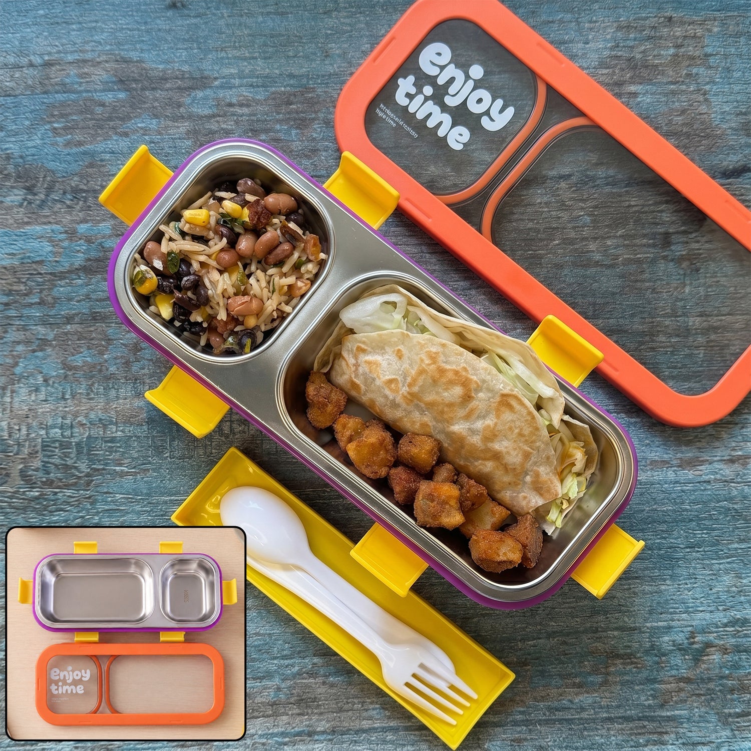 Stainless steel lunch box with two compartments and leak-proof seal