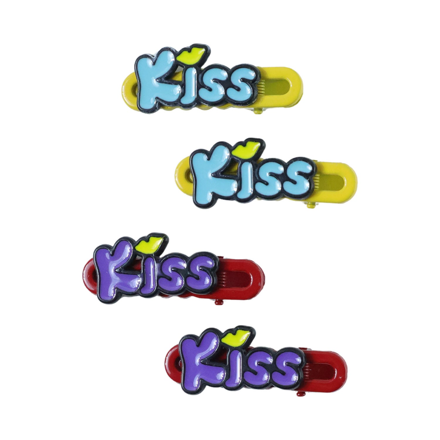 Top-down view of four Kiss text hair clips neatly placed on white surface