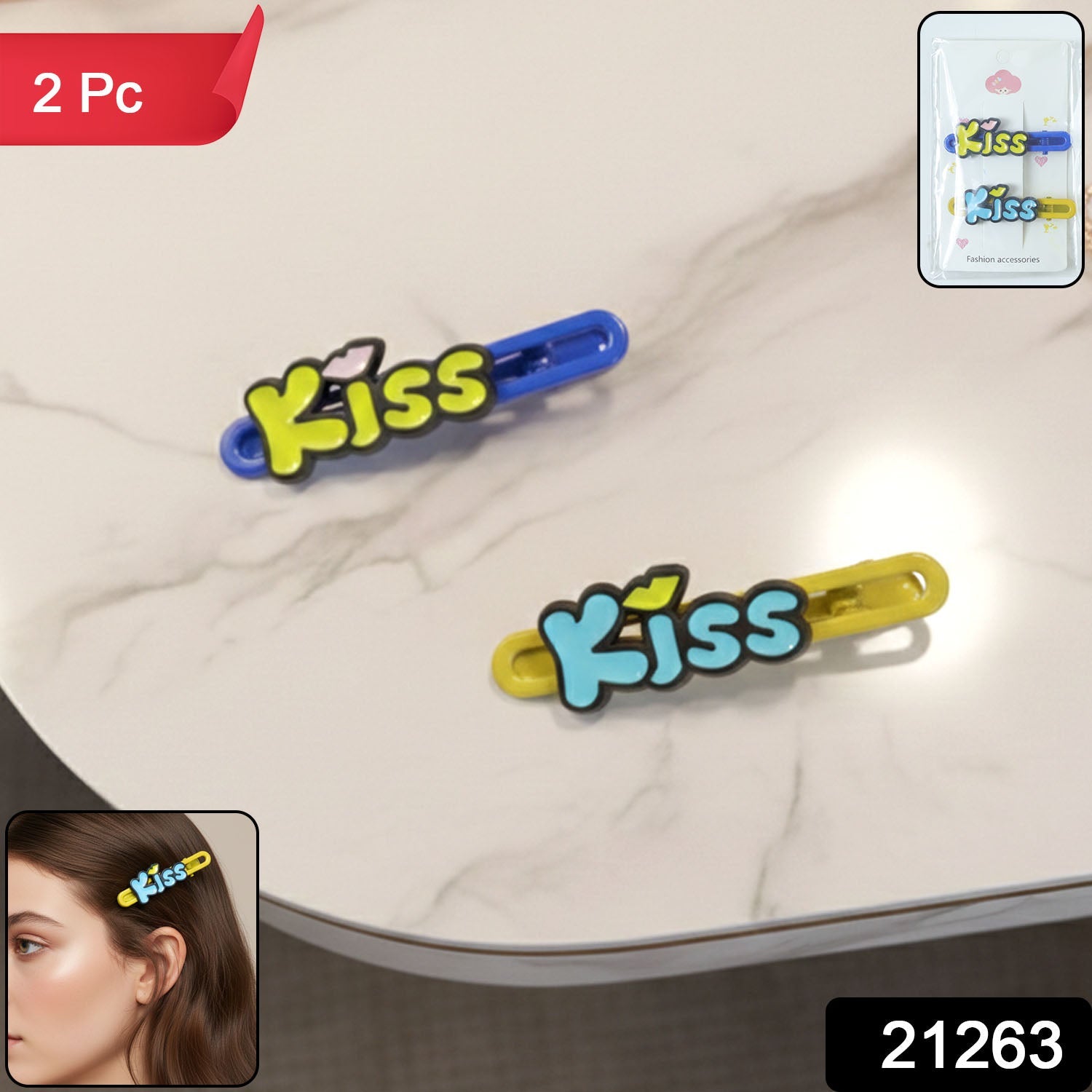 Two-piece Kiss cartoon letter snap hair clips in playful design