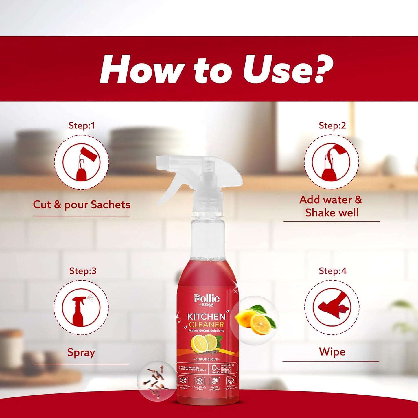Spray bottle with prepared kitchen surface cleaner solution