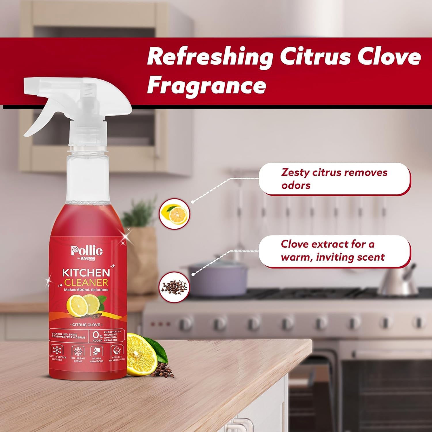Spray bottle filled with kitchen surface cleaner and refill sachets