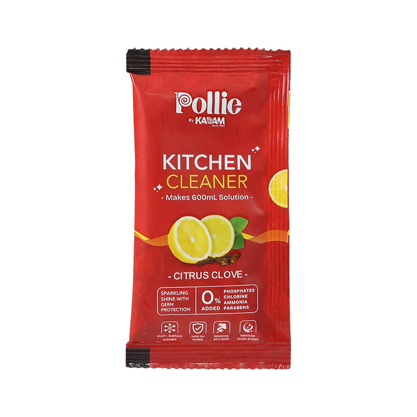 Close-up of Pollic Kadam Kitchen Cleaner sachet with citrus clove formula