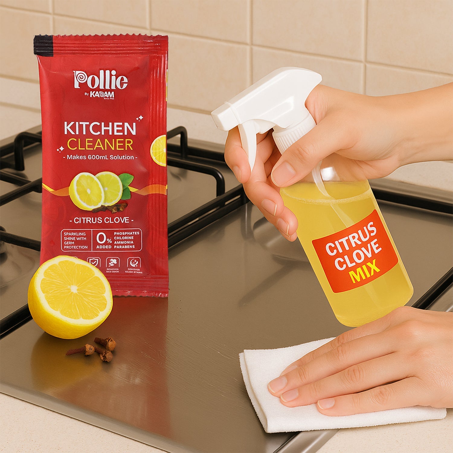 Diluted Kitchen Surface Cleaner solution made from Pollic Kadam citrus clove sachet