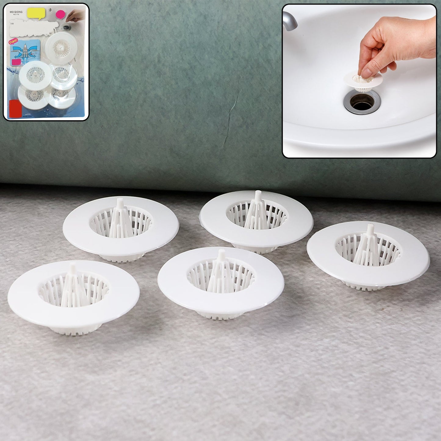 White plastic sink drain hair catcher filter capturing debris