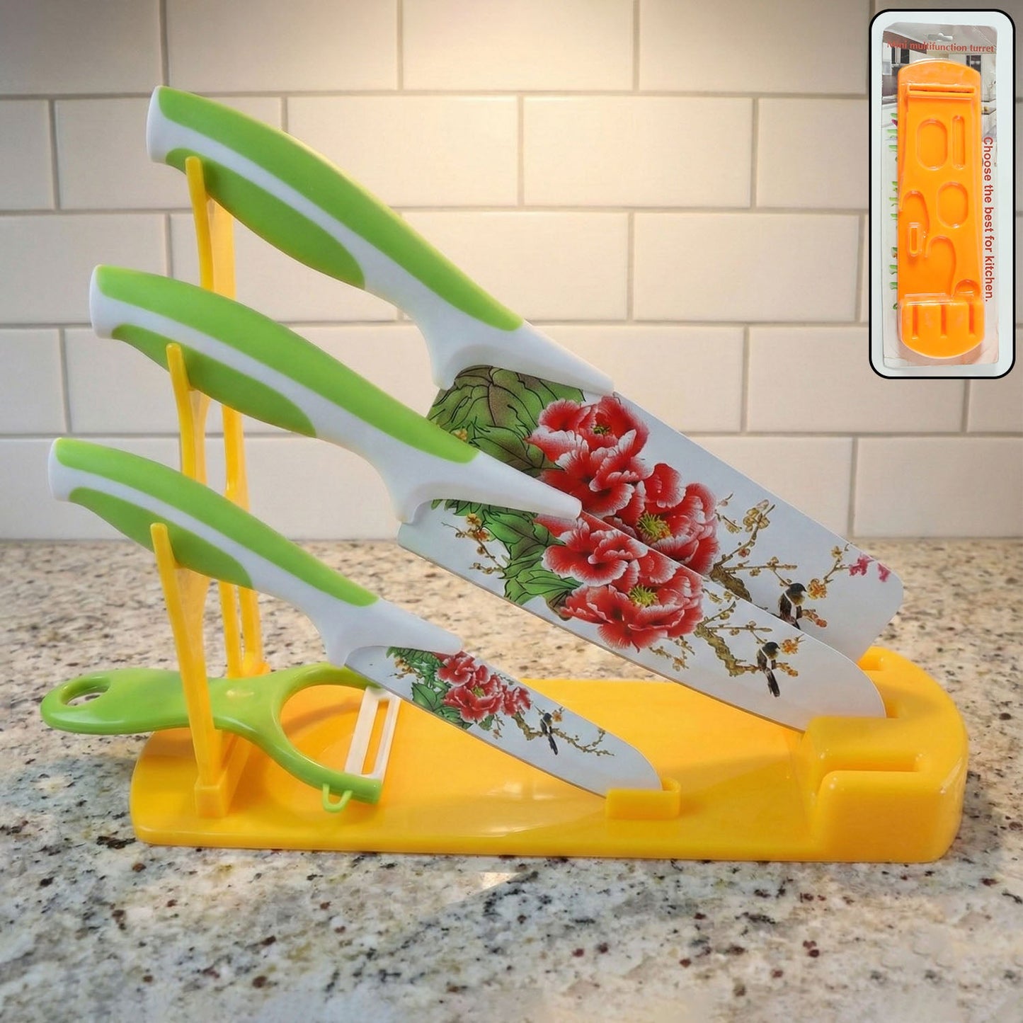 White plastic kitchen knife stand on a countertop, showcasing its bright, smooth finish.