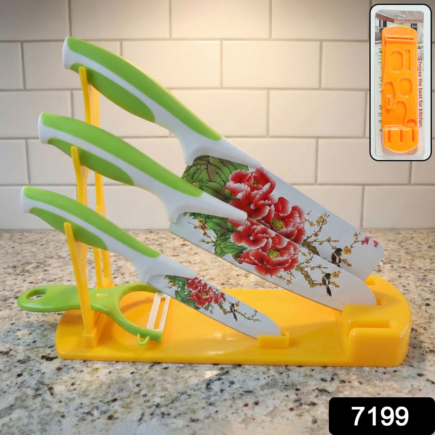 Side view of the plastic knife stand holding various kitchen knives, demonstrating its storage capacity.