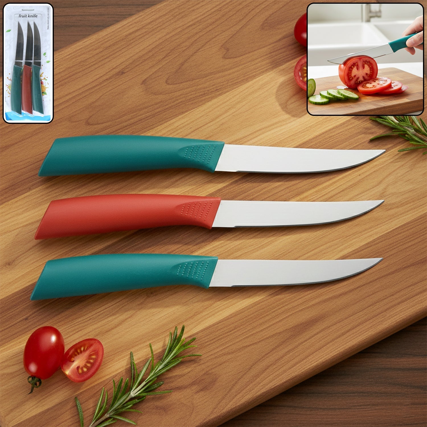 Multipurpose stainless steel fruit knife set featuring 3 sharp kitchen knives