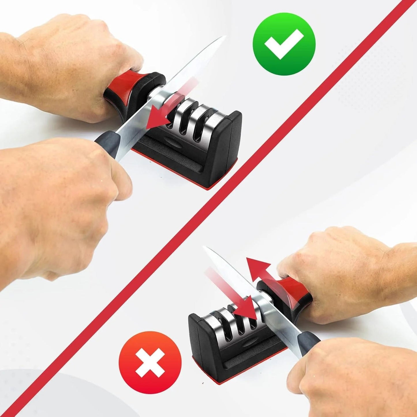 User safely sharpening a kitchen knife with the manual 3-stage sharpener.