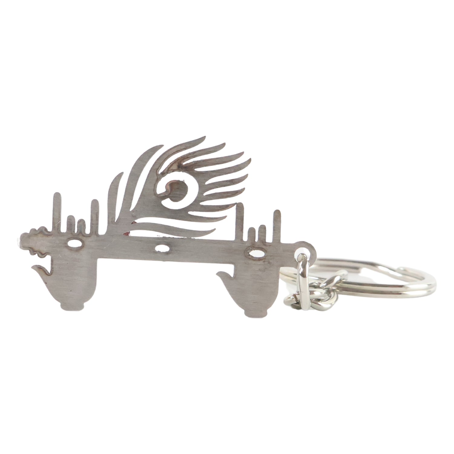 Durable metal Krishna Flute Keychain with auspicious peacock feather.