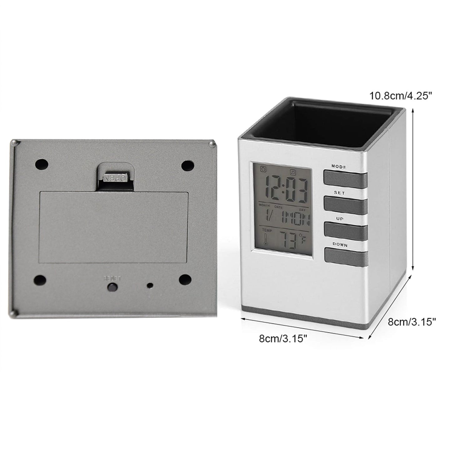 Top-down view of digital desk clock’s spacious pen holder neatly storing stationery