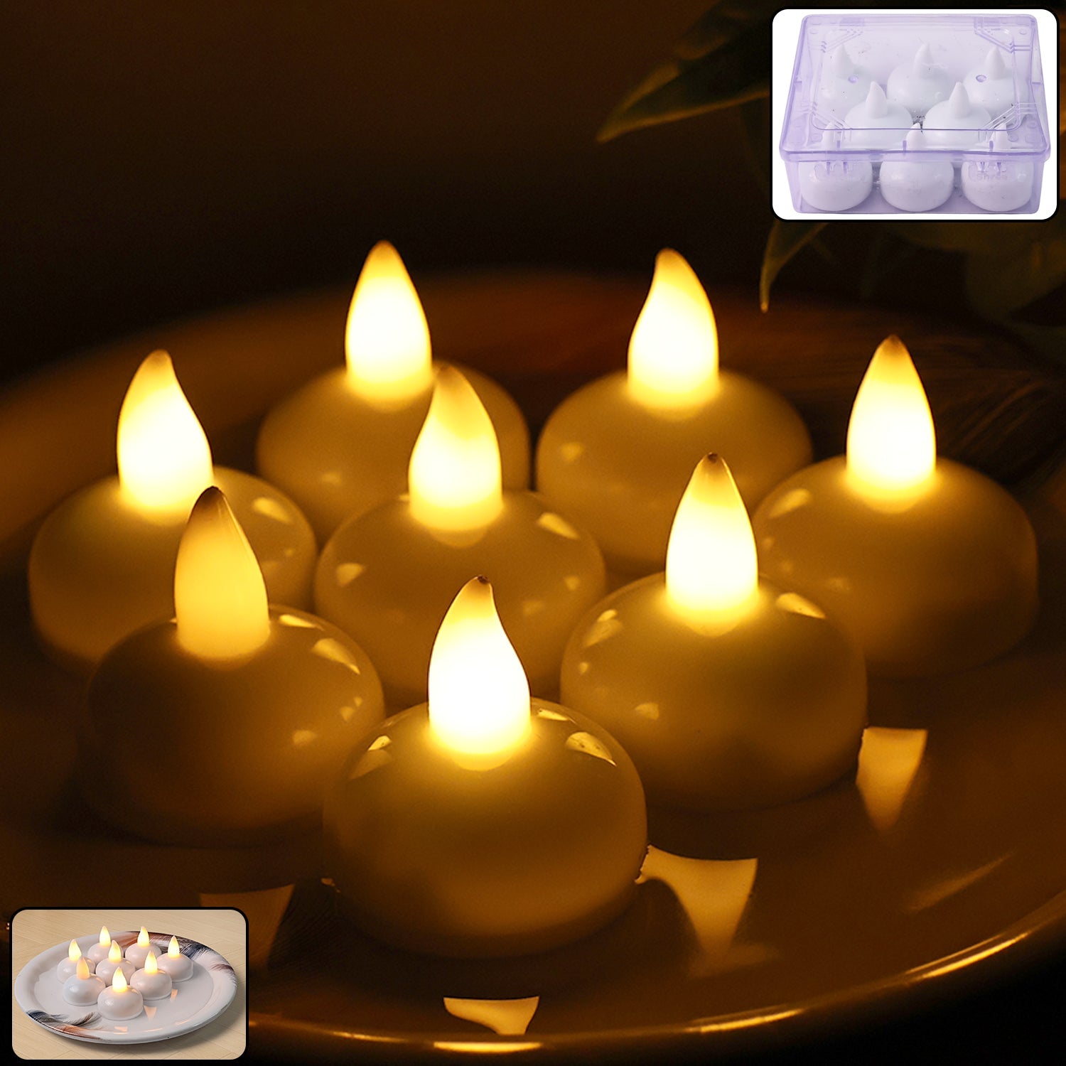Set of round LED flameless tealight candles glowing with warm flickering light