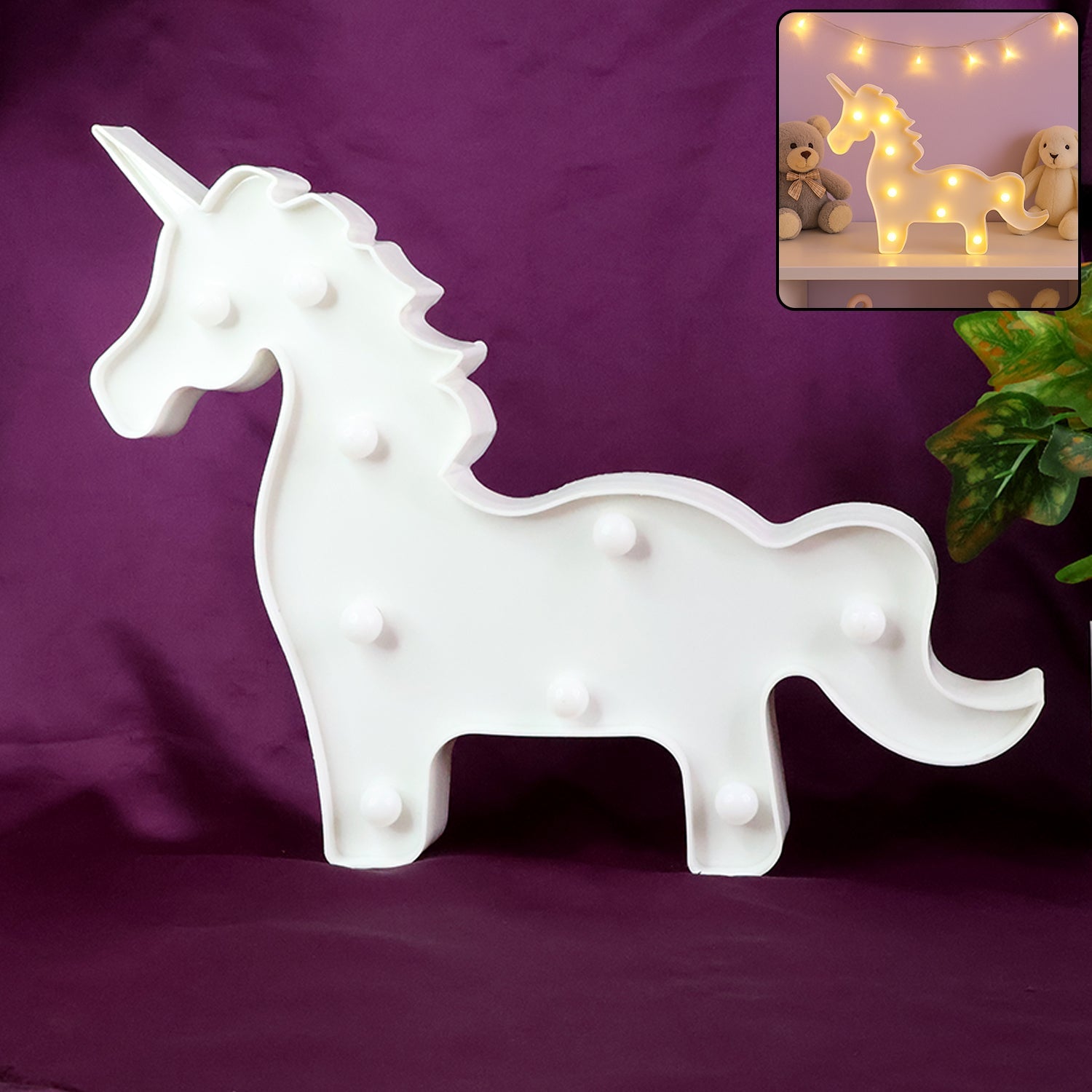 Unicorn LED decorative night light emitting warm glow on table