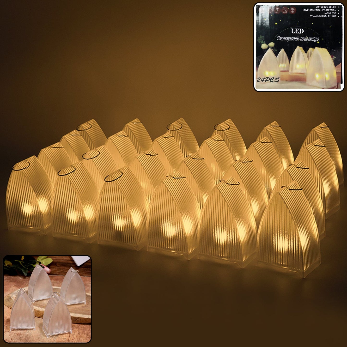 Set of 24 transparent decorative LED candle lights emitting warm glow