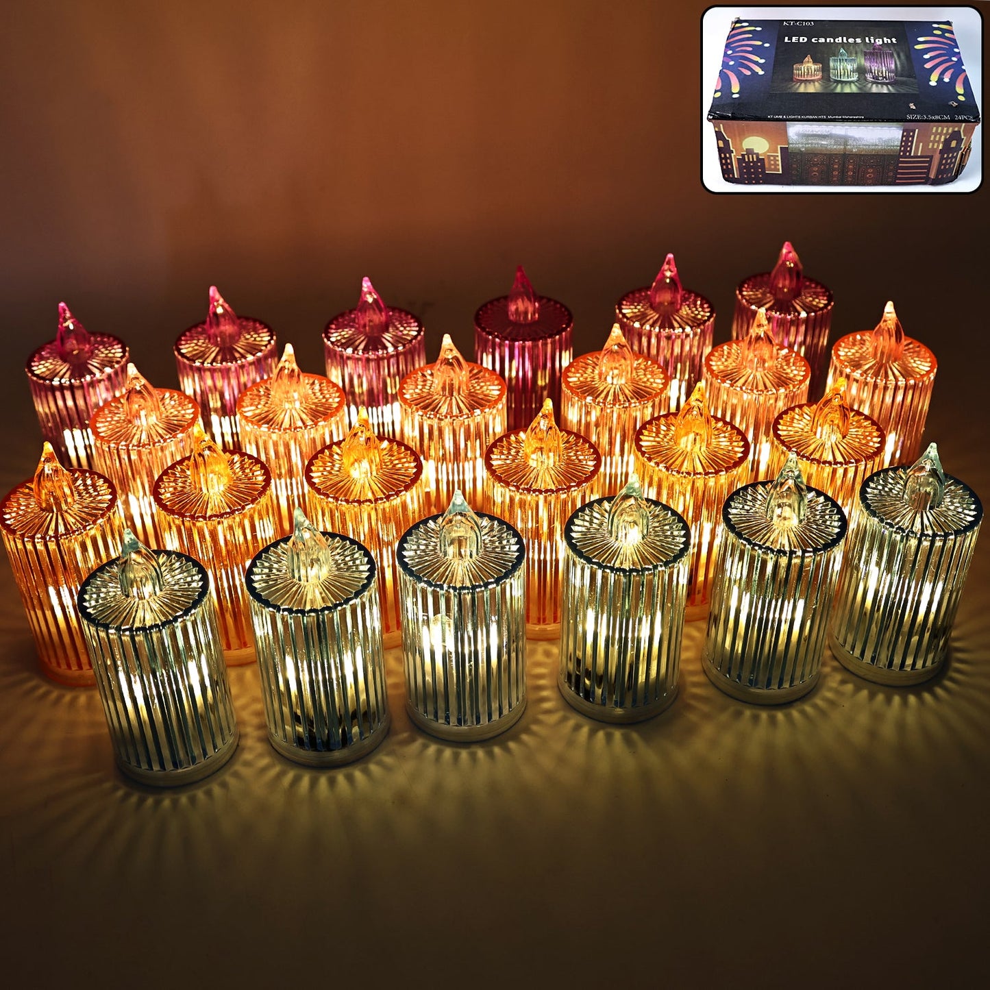 LED flameless candle with crystal-effect ribbed body creating warm ambient light